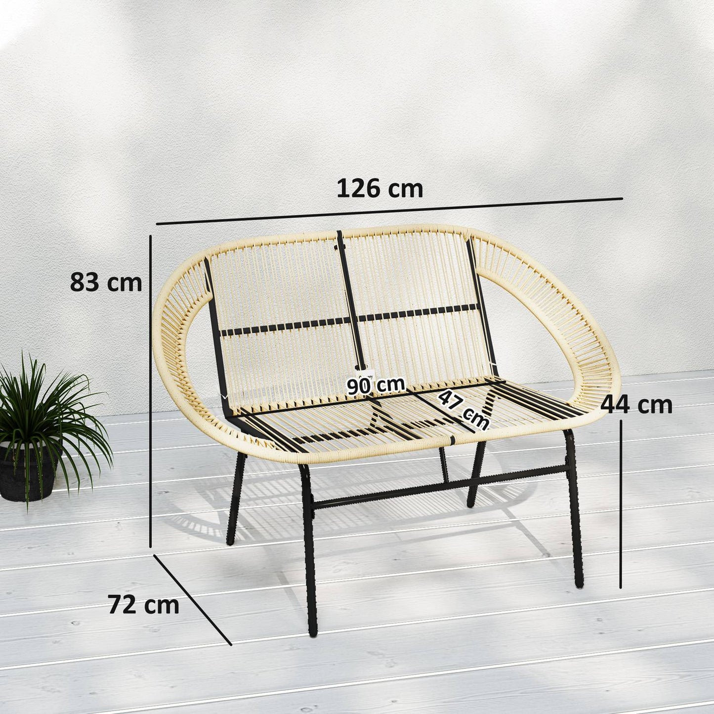 2-seater weatherproof poly rattan garden bench, UV resistant