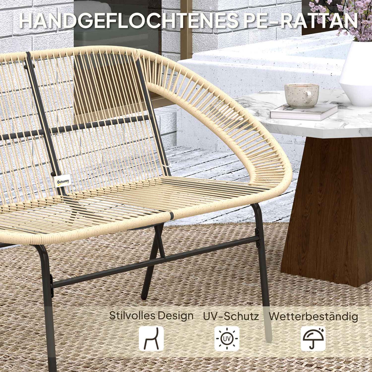 2-seater weatherproof poly rattan garden bench, UV resistant
