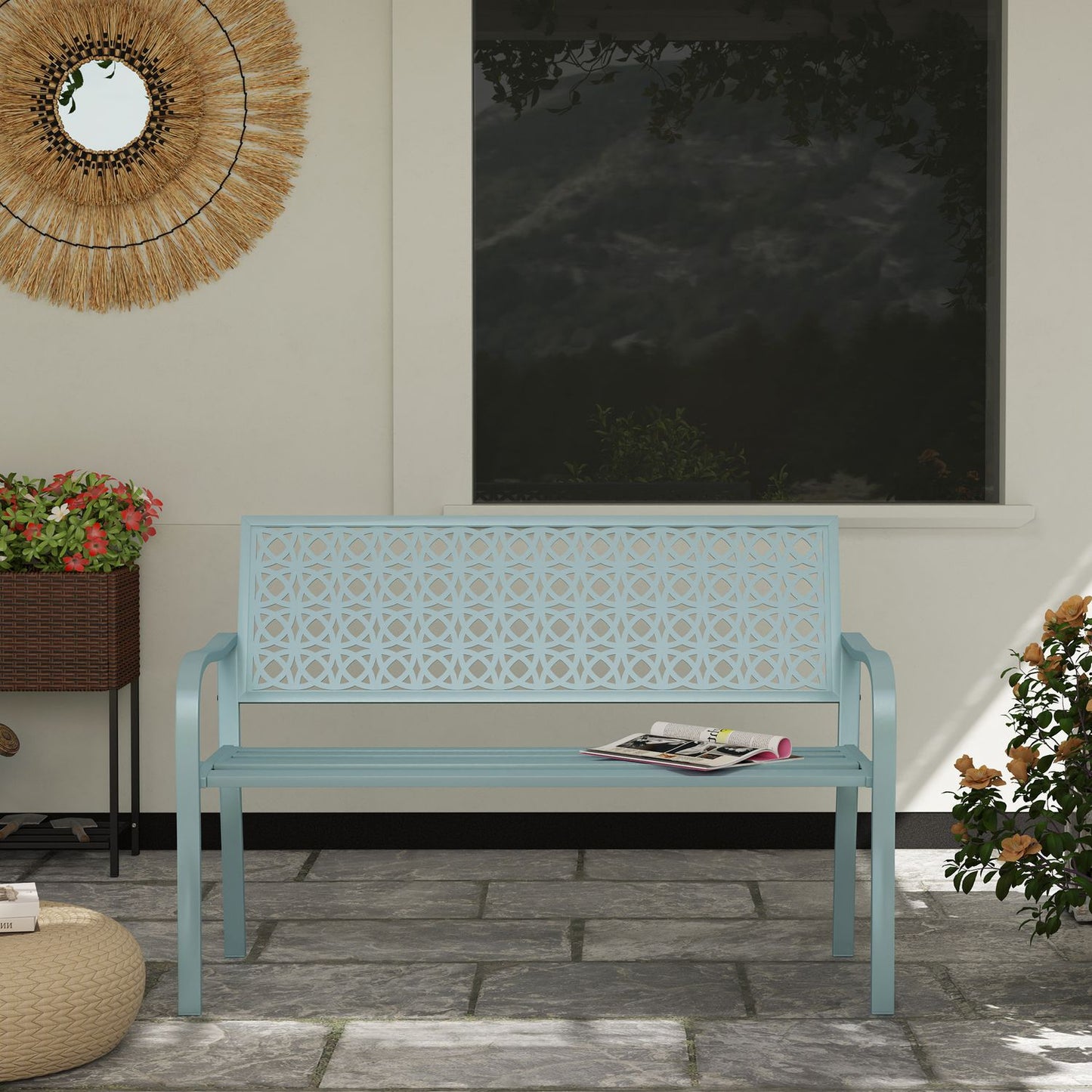 2-seater blue garden bench - weatherproof with backrest