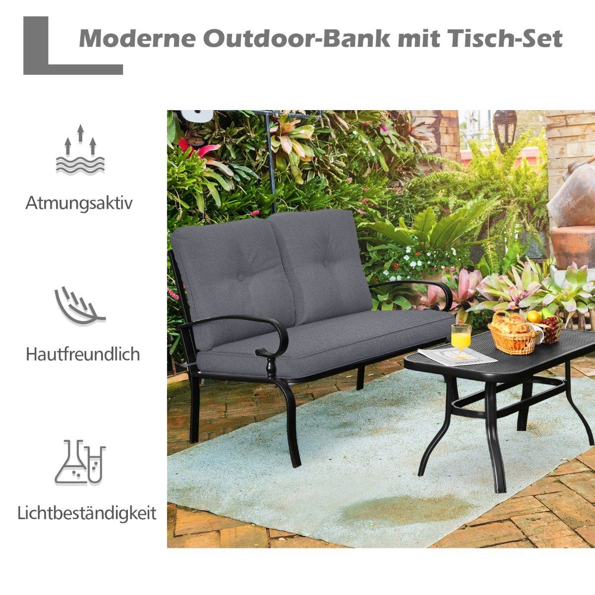 2-seater garden bench with coffee table bench with cushions gray & black