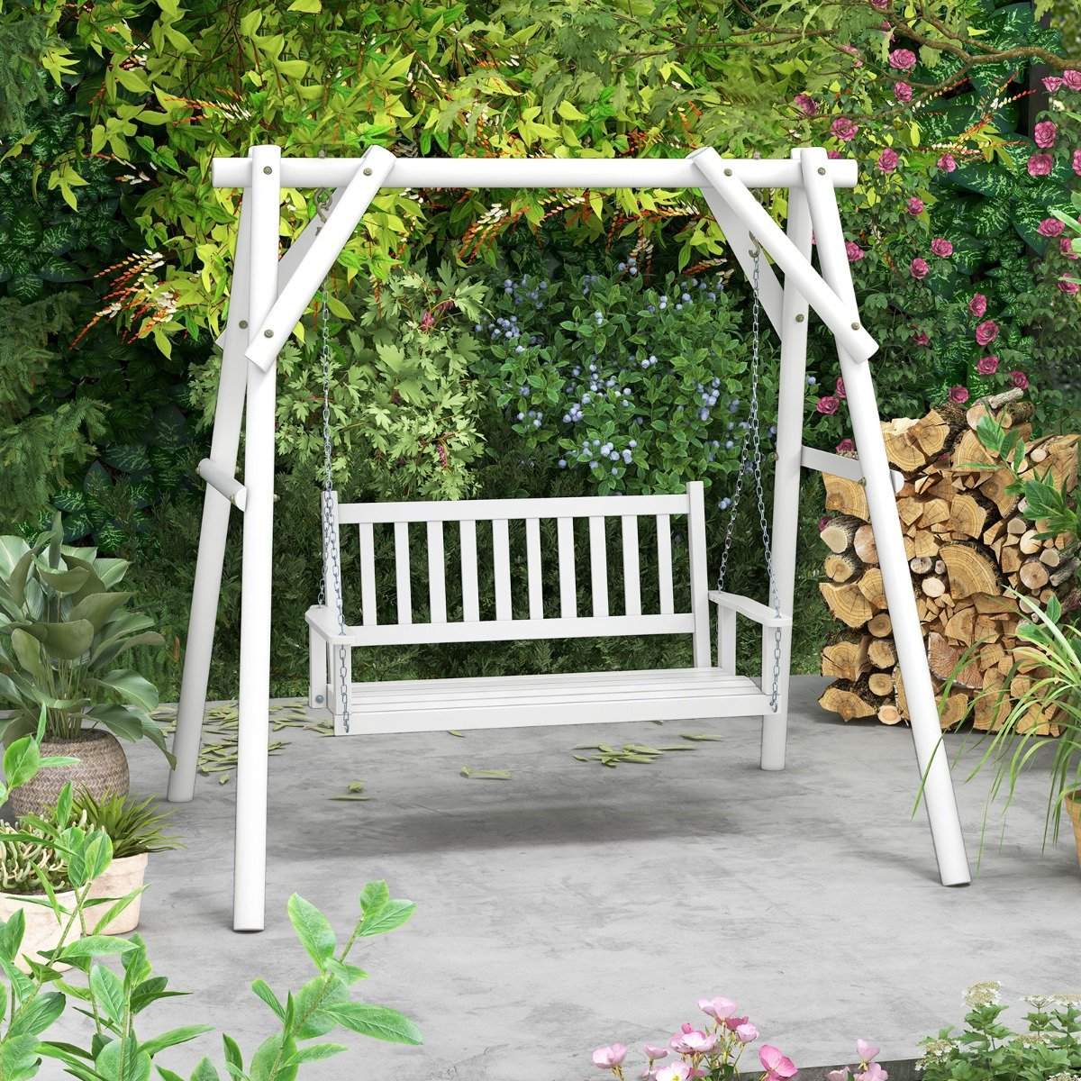 2-seater hanging bench made of solid wood, porch swing, load capacity up to 230 kg, white