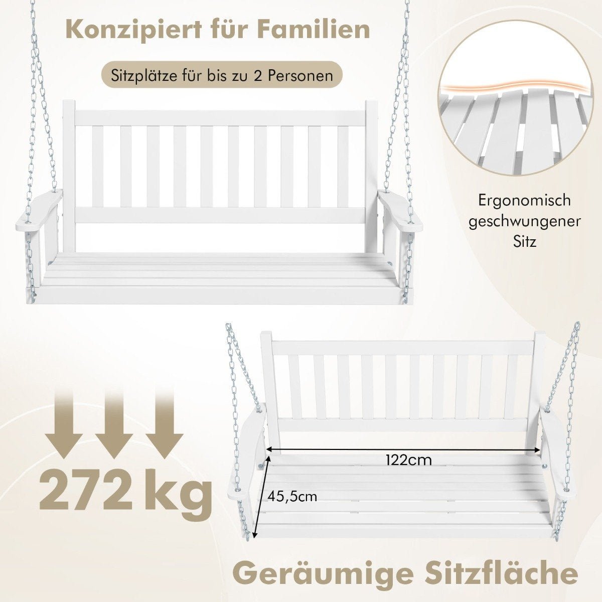 2-seater hanging bench made of solid wood, porch swing, load capacity up to 230 kg, white