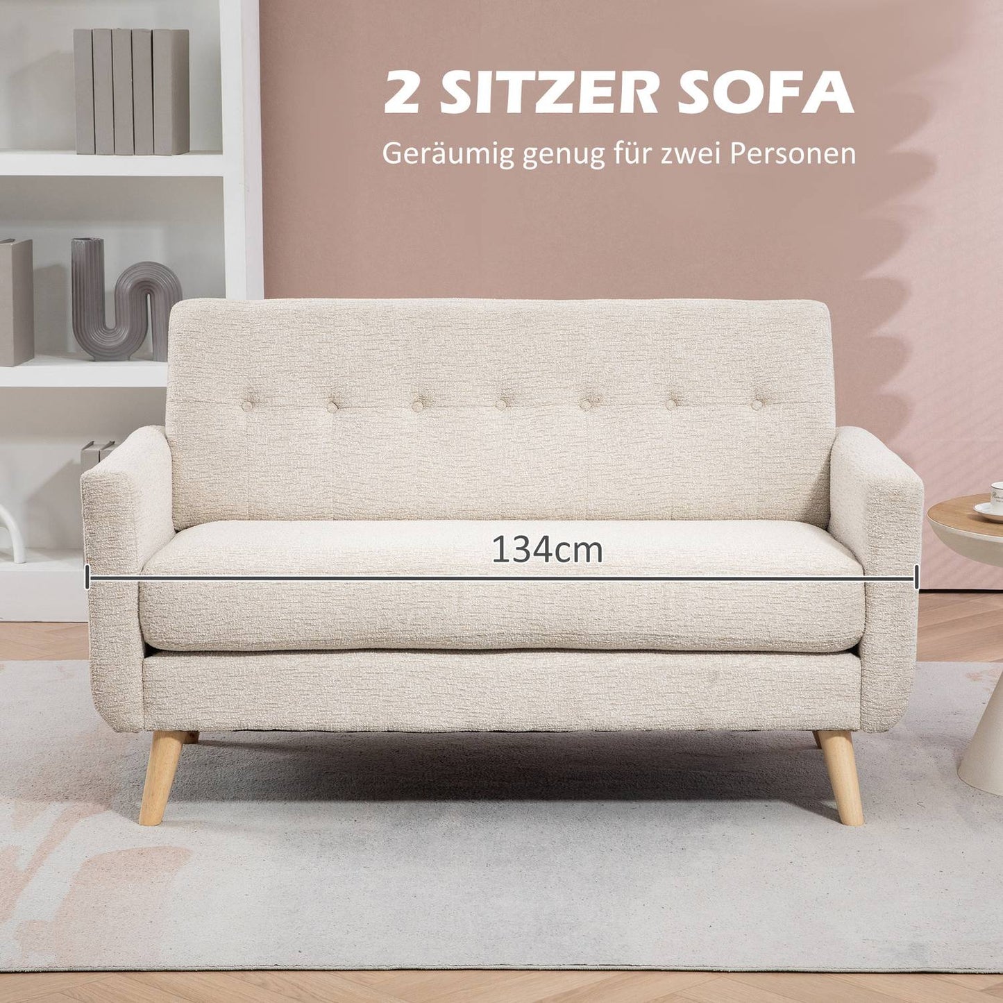 2-seater velvet sofa, beige - comfortable cushions and wooden legs