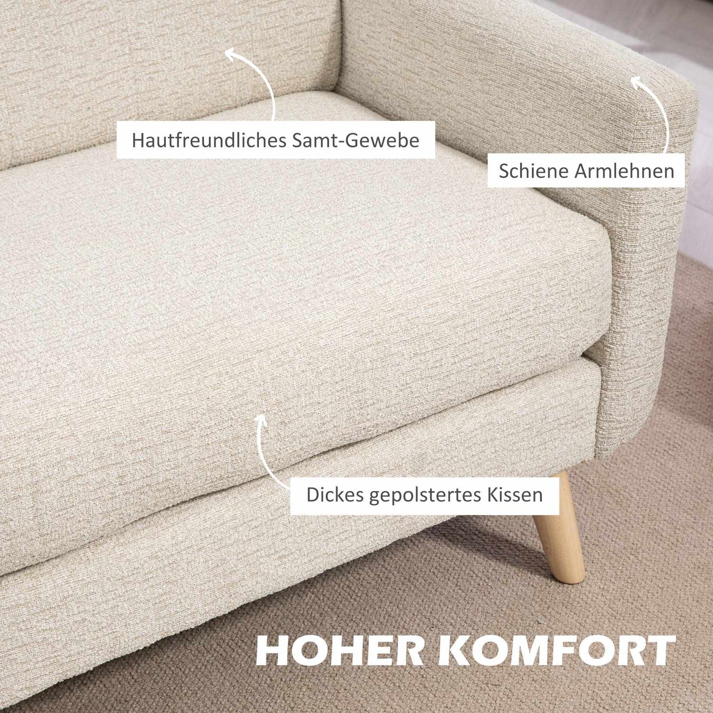 2-seater velvet sofa, beige - comfortable cushions and wooden legs
