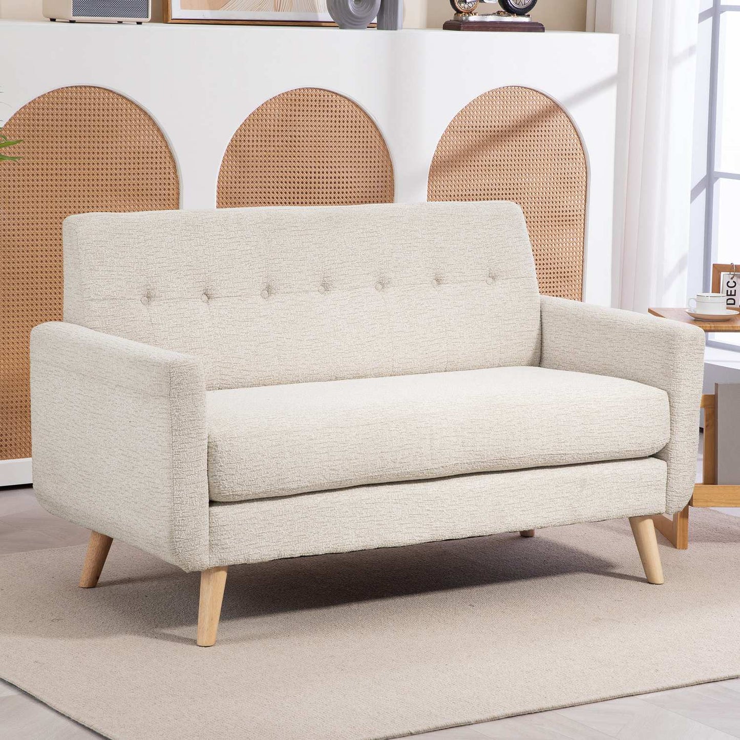 2-seater velvet sofa, beige - comfortable cushions and wooden legs
