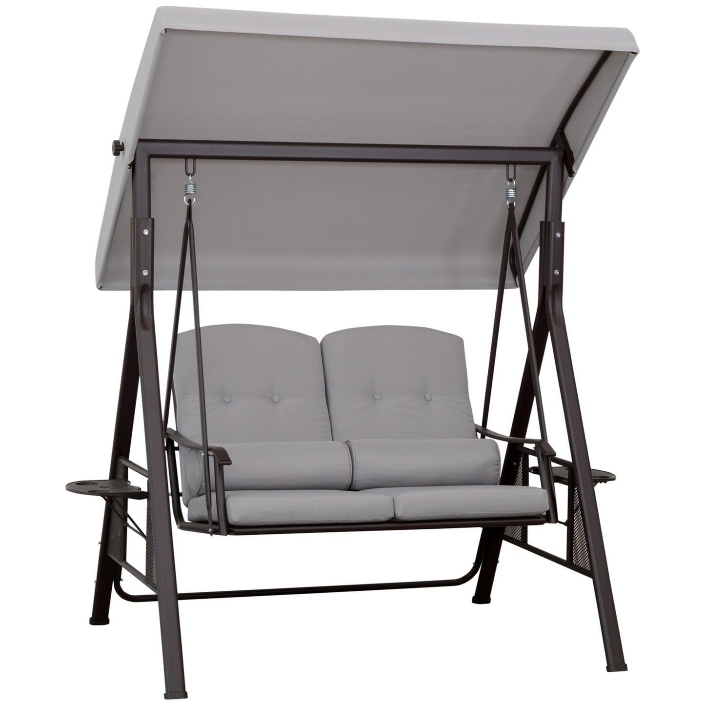 2-seat garden swing with canopy and cushions, gray metal
