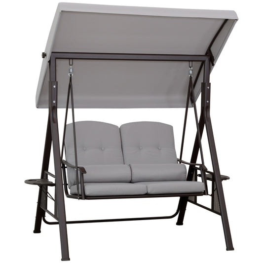 2-seat garden swing with canopy and cushions, gray metal