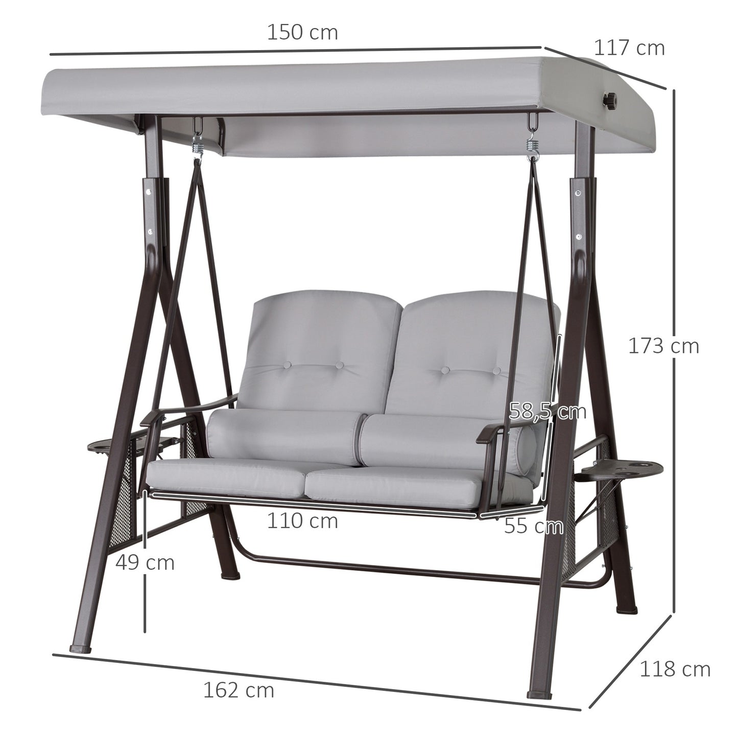 2-seat garden swing with canopy and cushions, gray metal