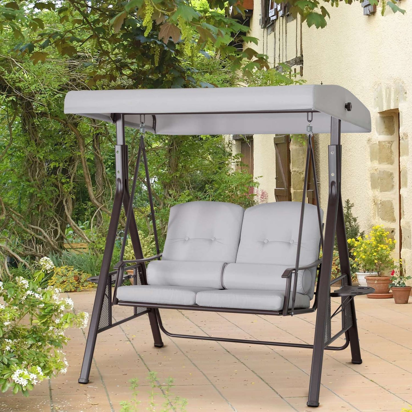 2-seat garden swing with canopy and cushions, gray metal
