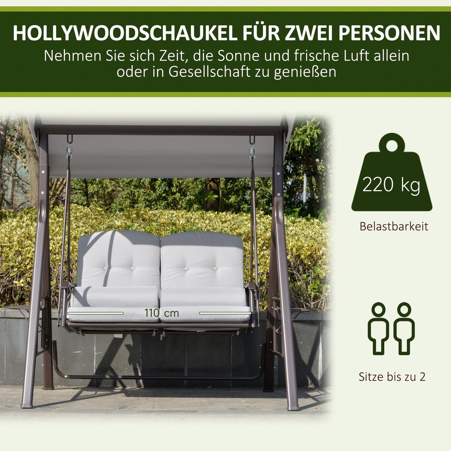 2-seat garden swing with canopy and cushions, gray metal