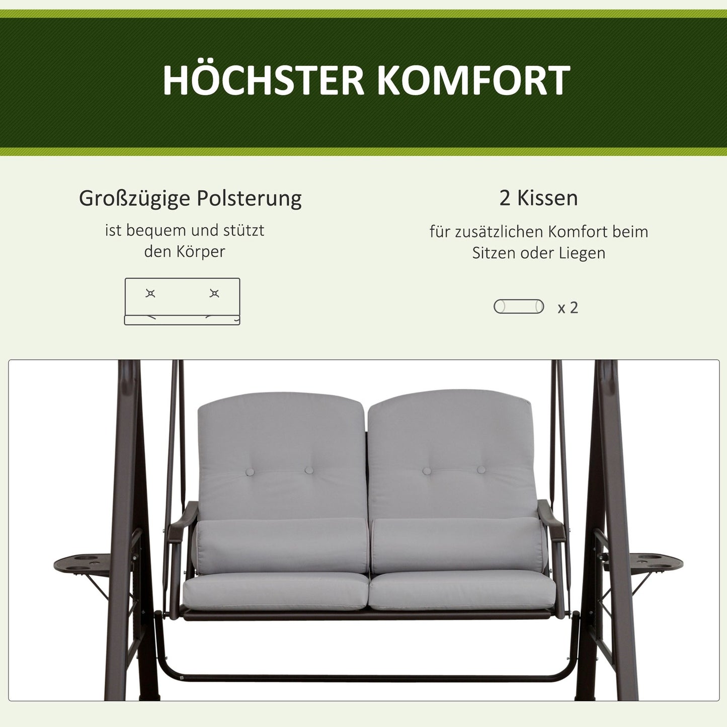 2-seat garden swing with canopy and cushions, gray metal