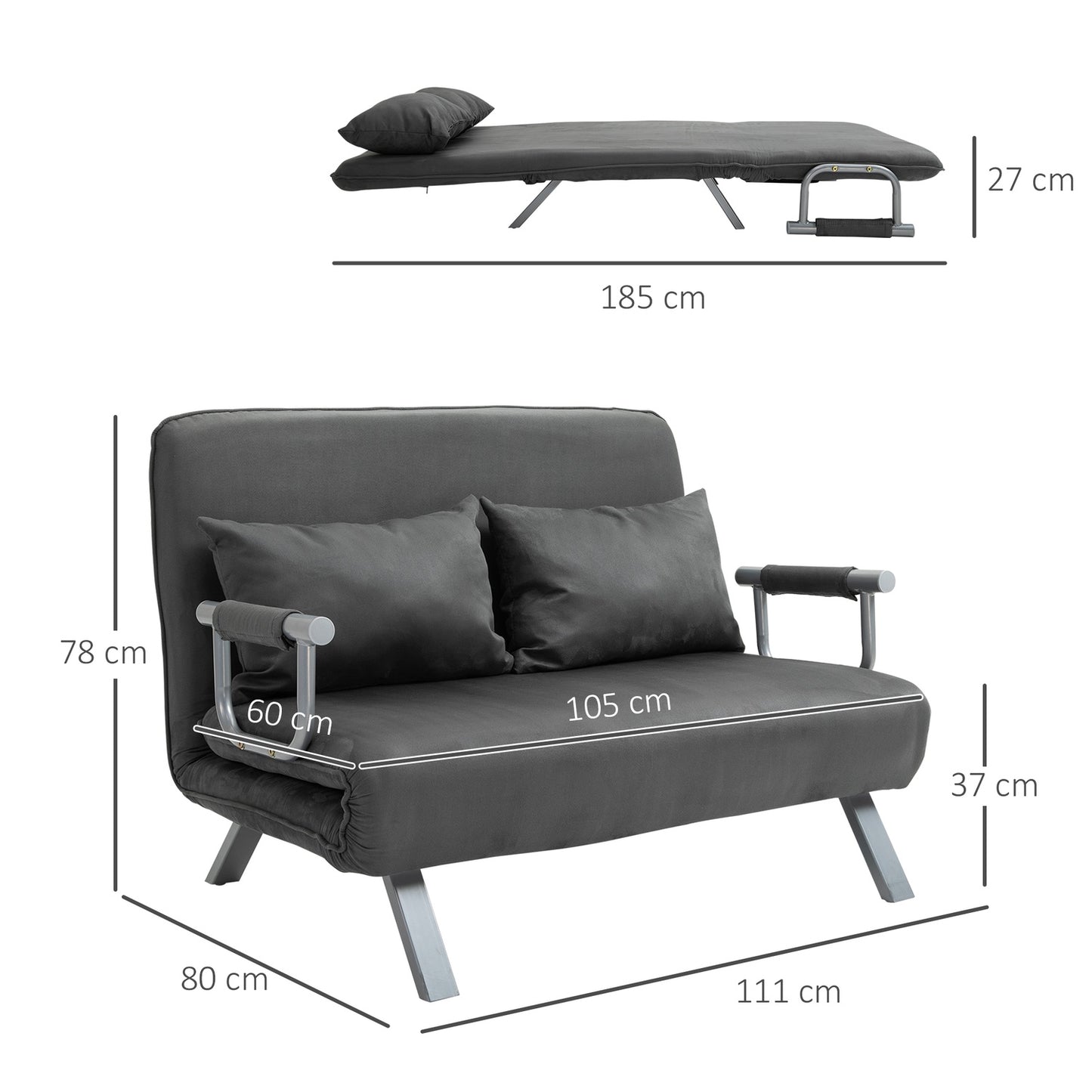 Gray 3-in-1 sofa bed, imitation suede, 2-seater with armrests