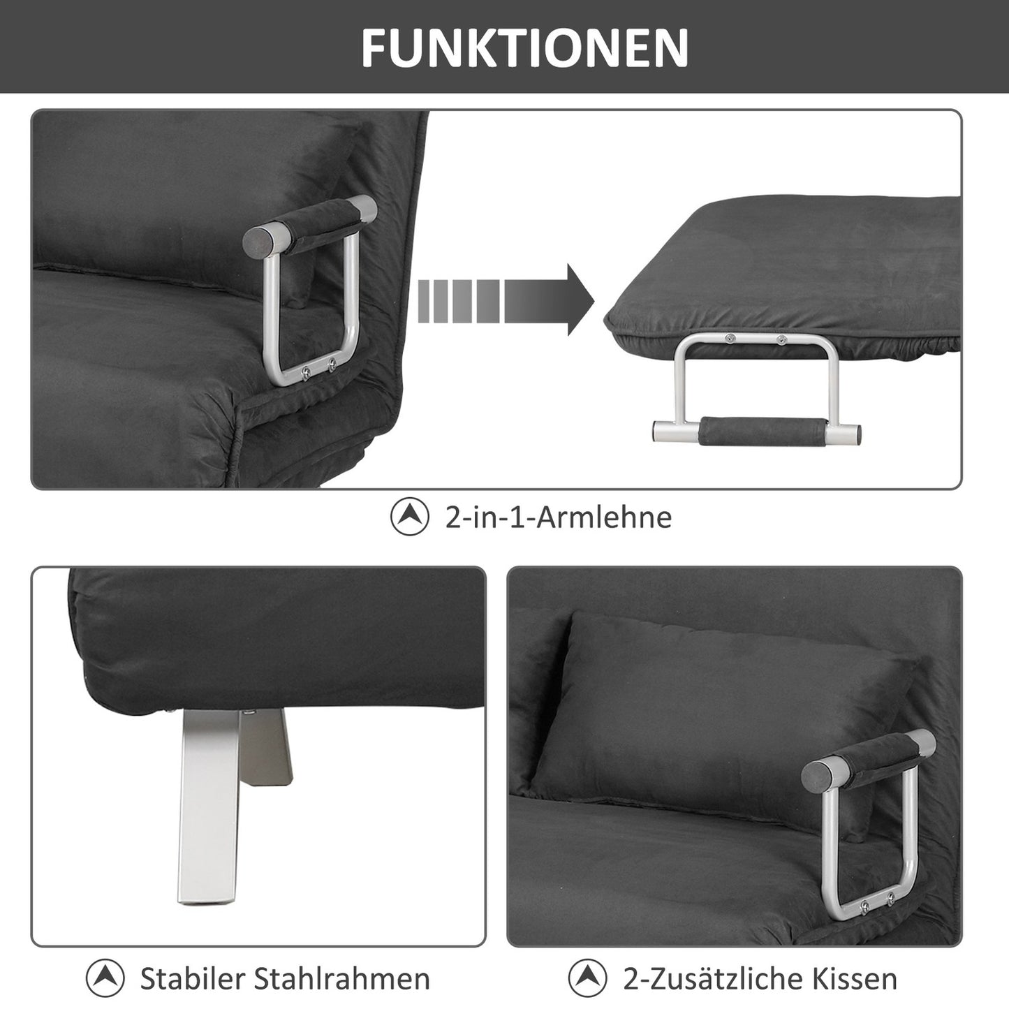 Gray 3-in-1 sofa bed, imitation suede, 2-seater with armrests