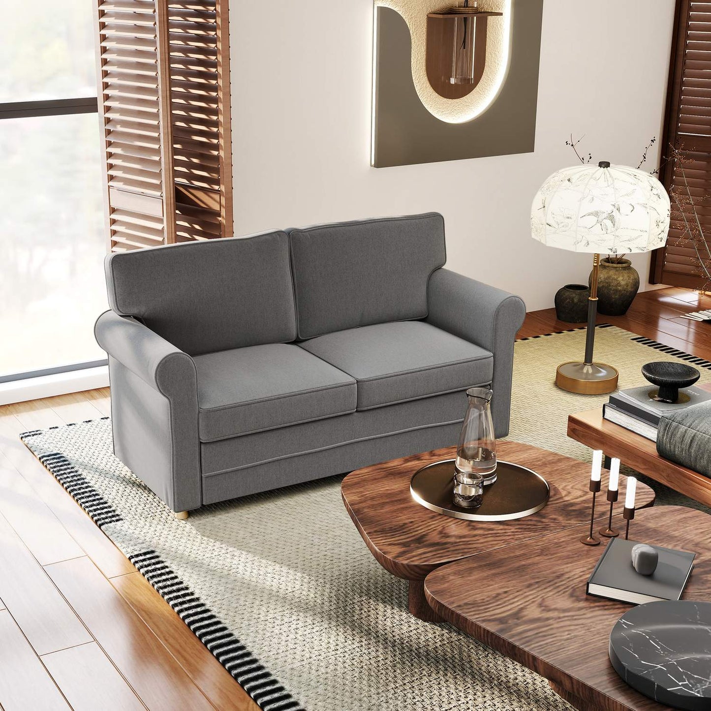 2-Seater Sofa, Linen Fabric, Steel Frame, Dark Grey