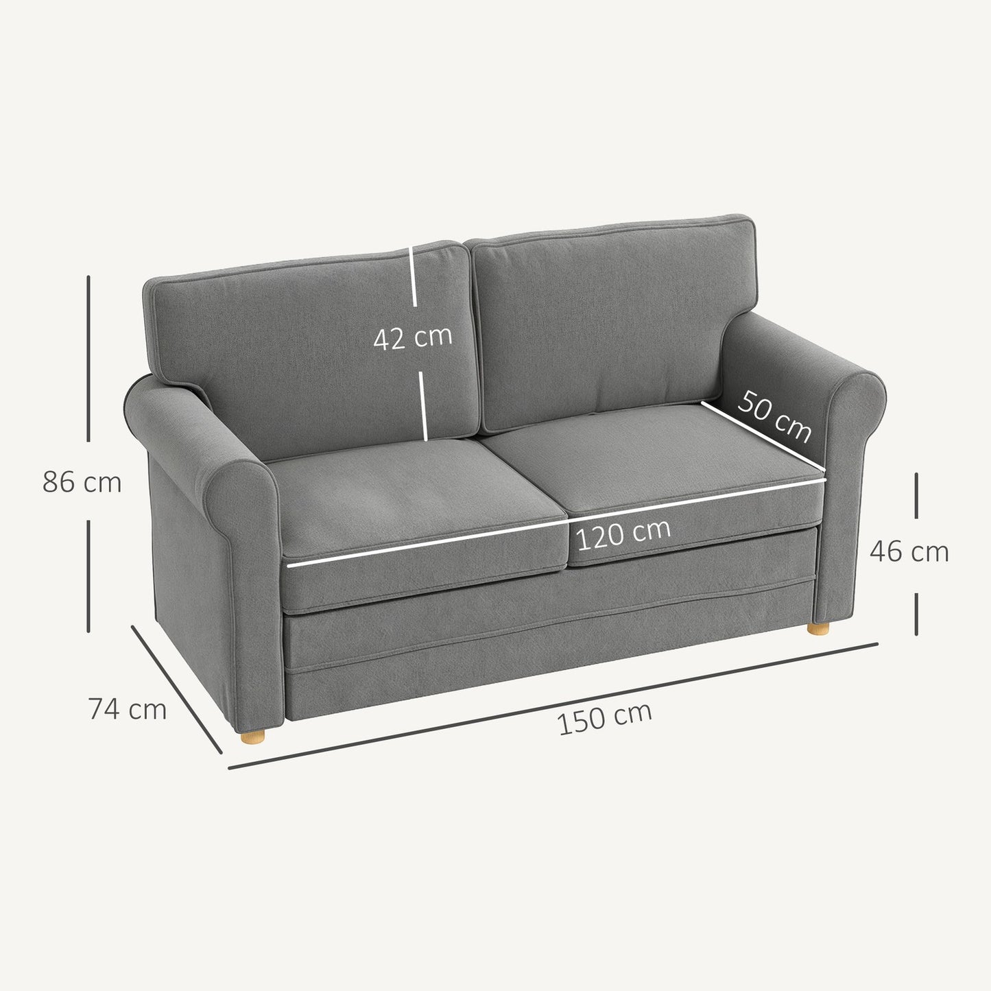 2-Seater Sofa, Linen Fabric, Steel Frame, Dark Grey