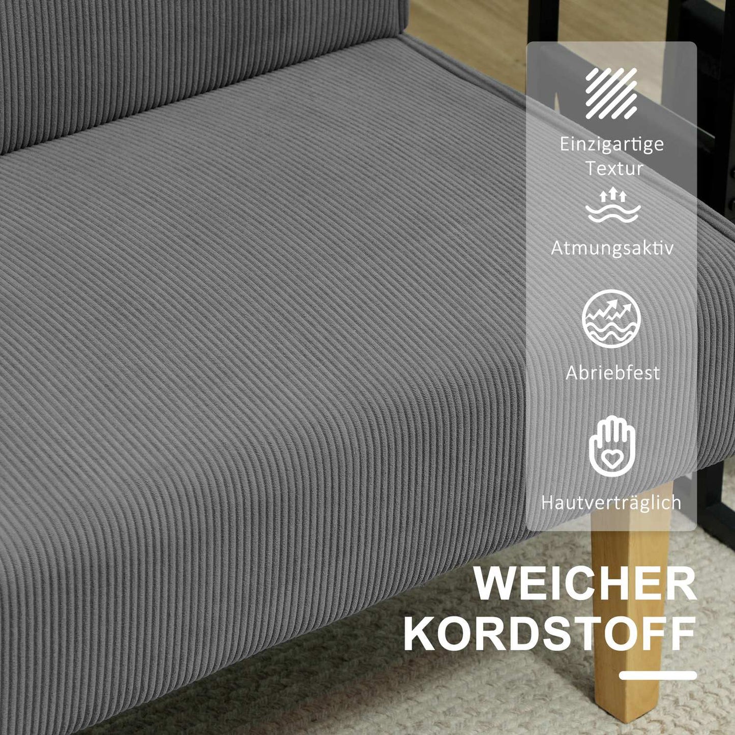 Gray 2-seater Manchester sofa, wooden legs, padded upholstery