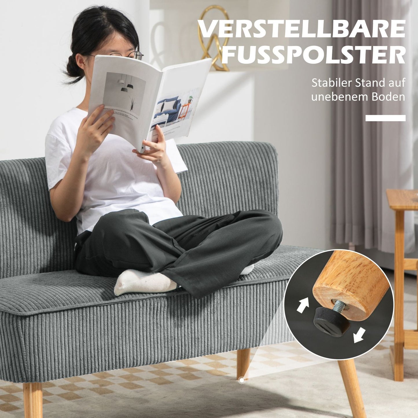 2-seater gray Manchester sofa, wooden legs, padded upholstery