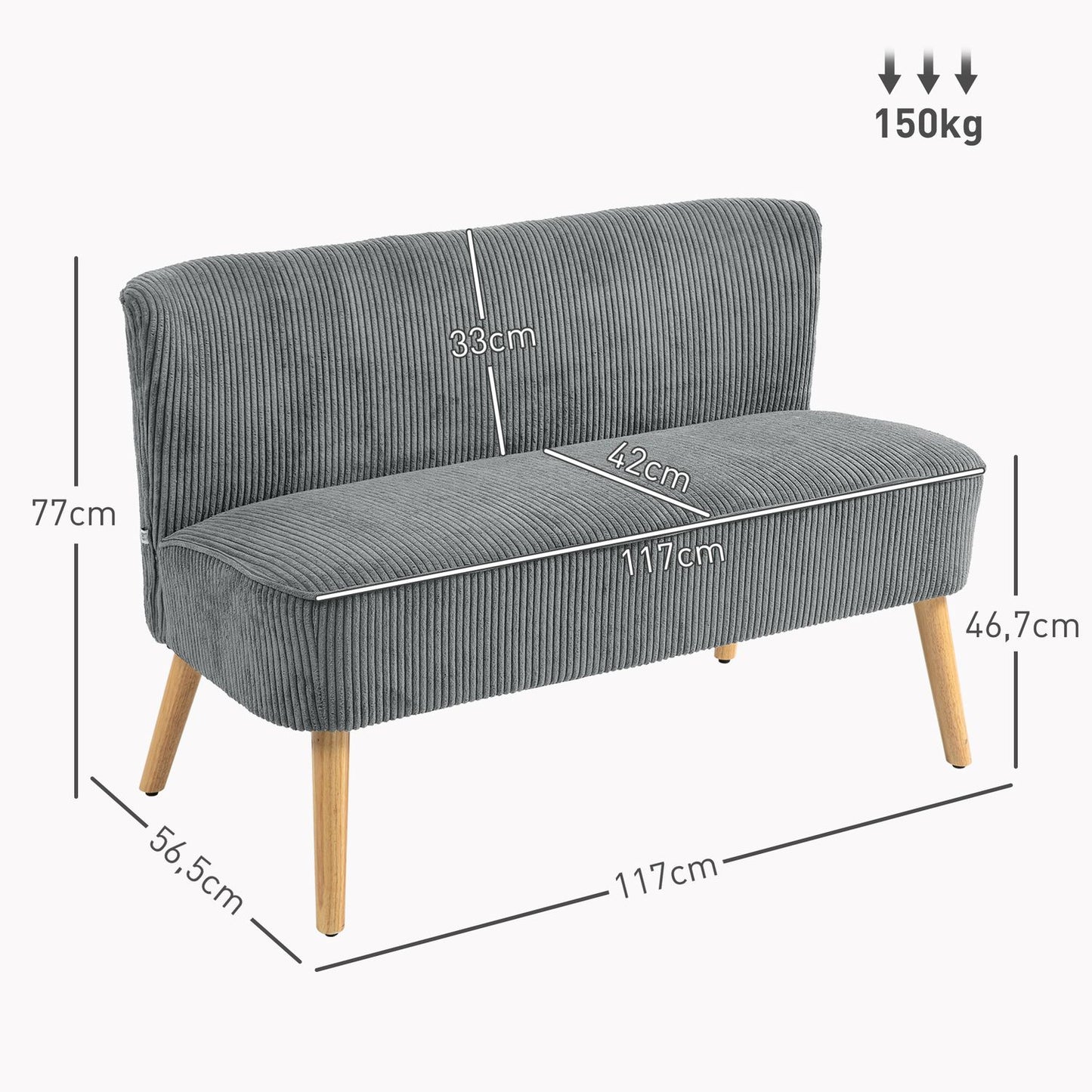 2-seater gray Manchester sofa, wooden legs, padded upholstery