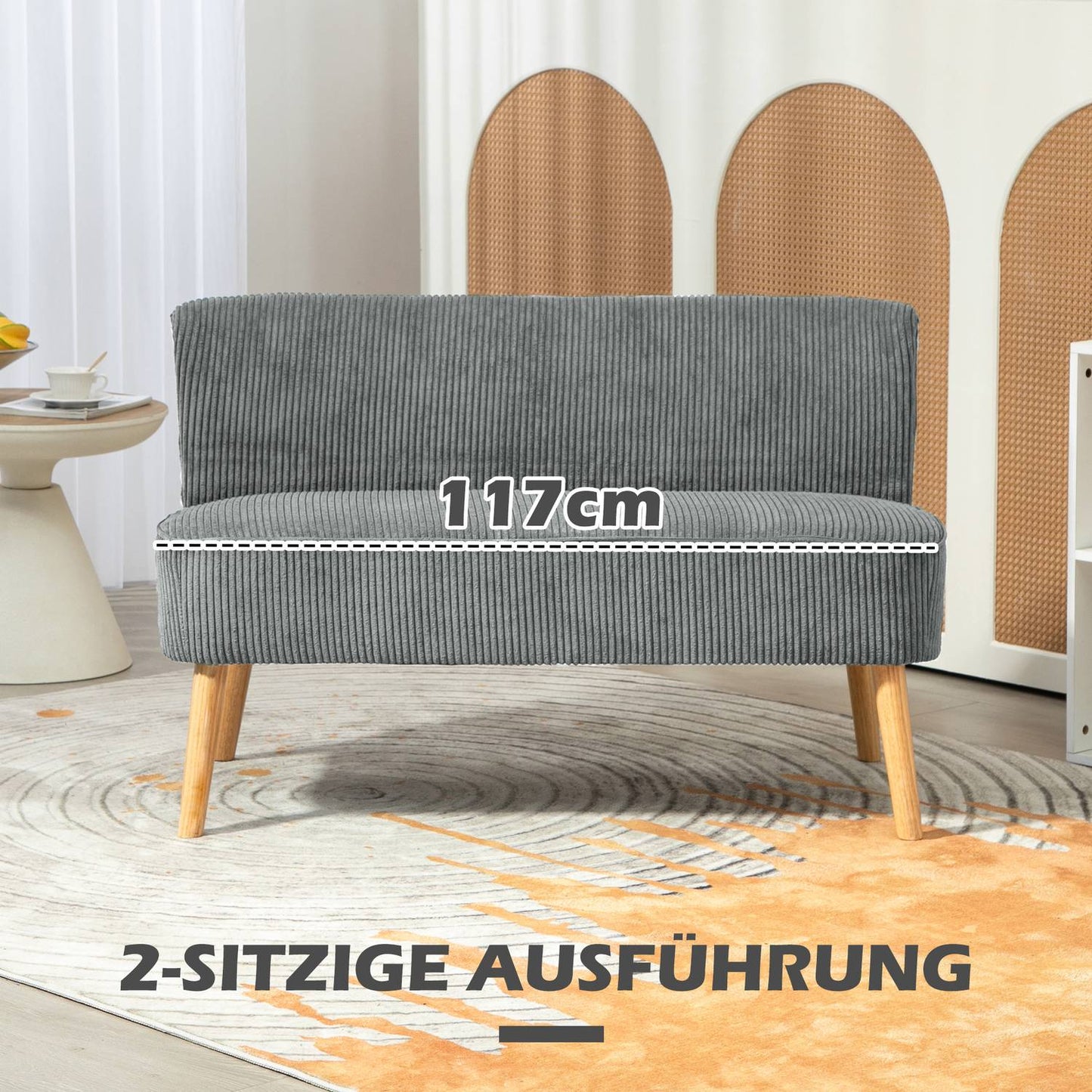 2-seater gray Manchester sofa, wooden legs, padded upholstery