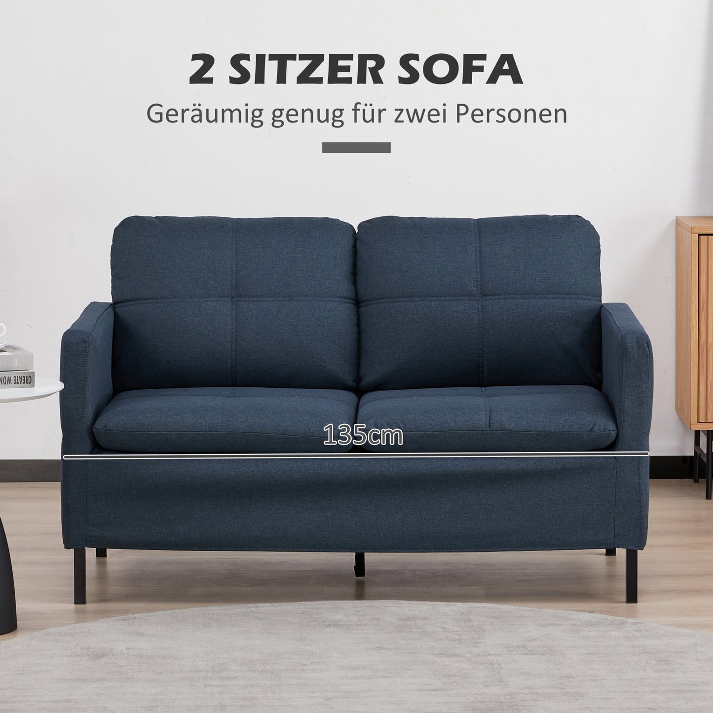 2-seater sofa in linen look - steel legs, dark blue