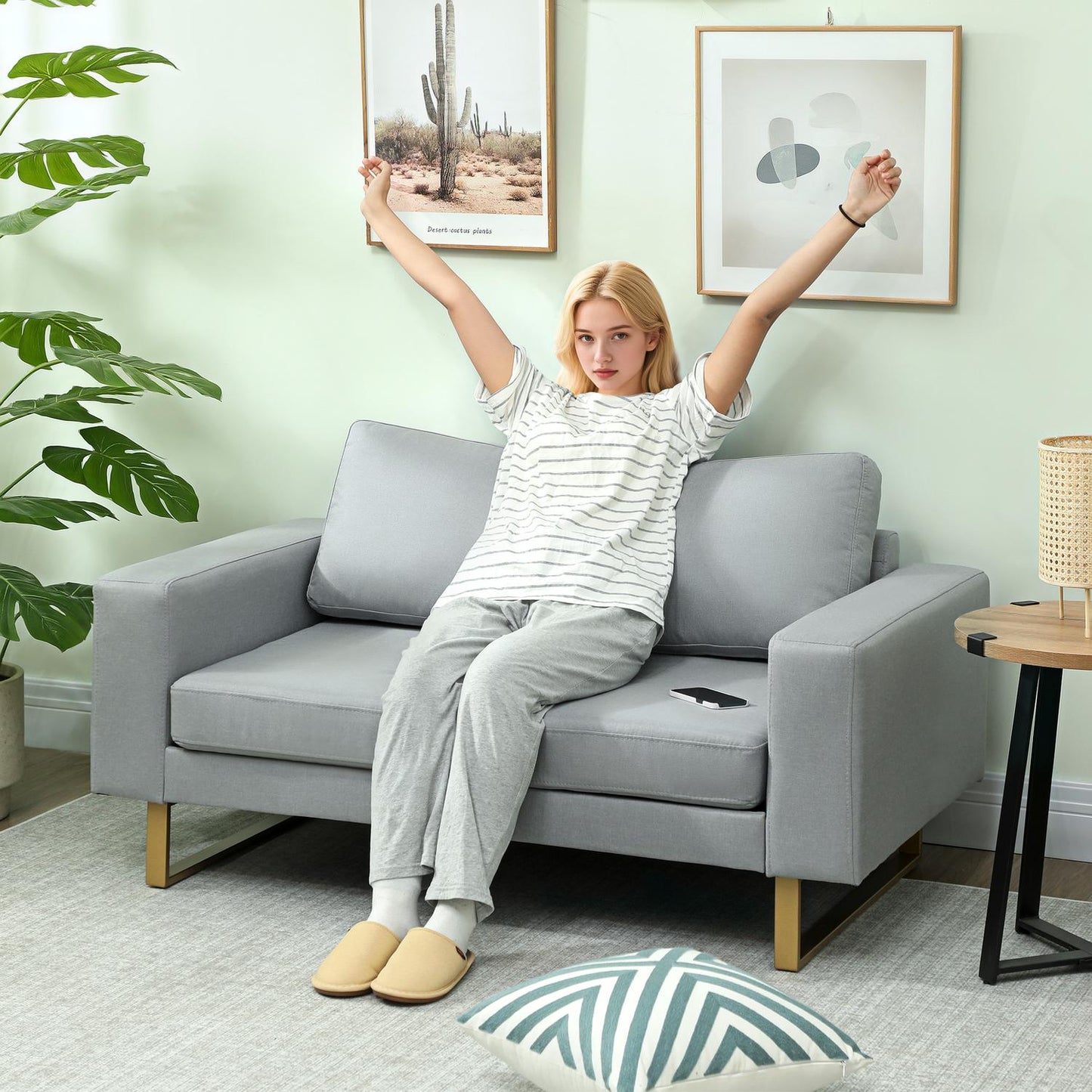 2-Seater Sofa, Light Grey, Solid Wood Frame, Metal Legs