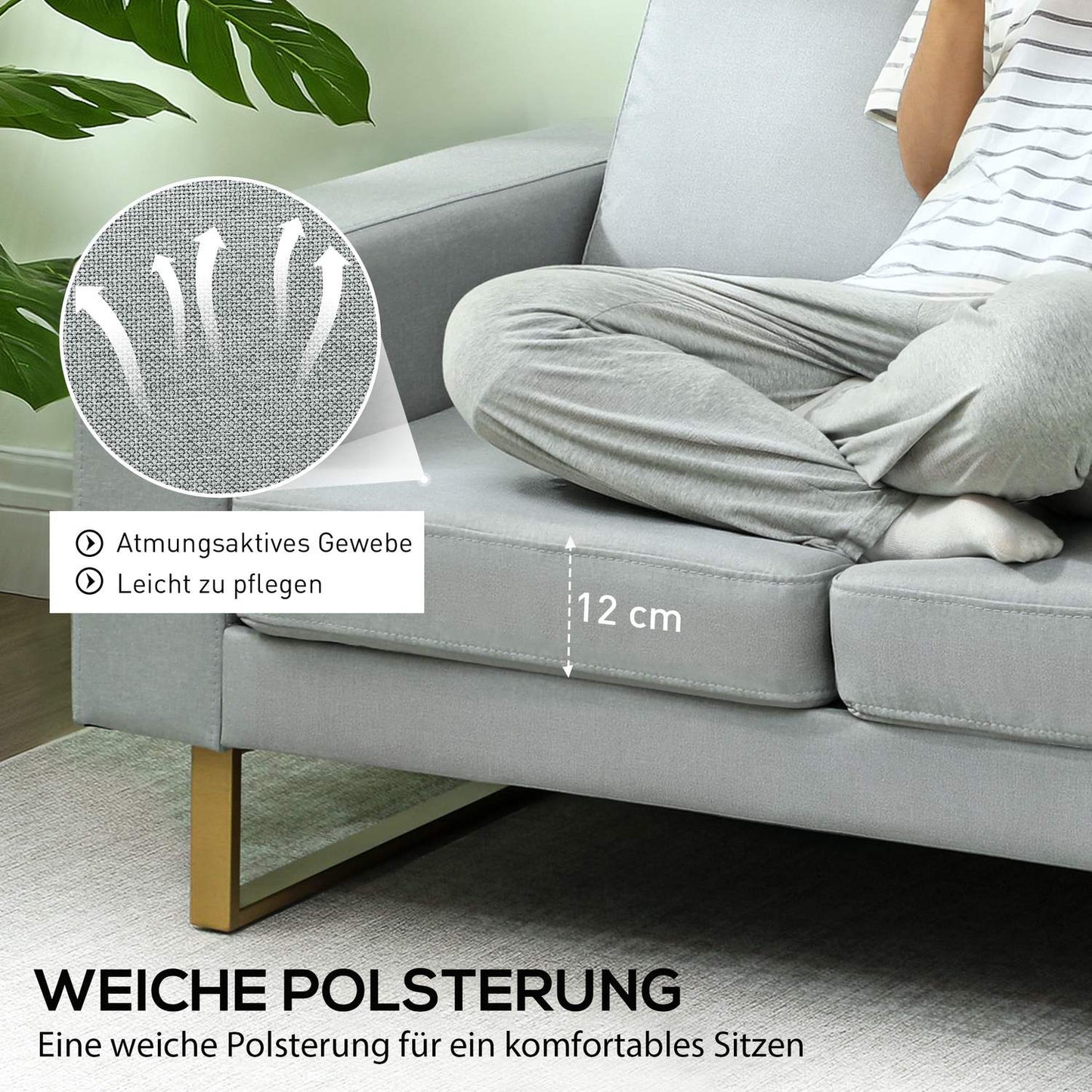 2-Seater Sofa, Light Grey, Solid Wood Frame, Metal Legs