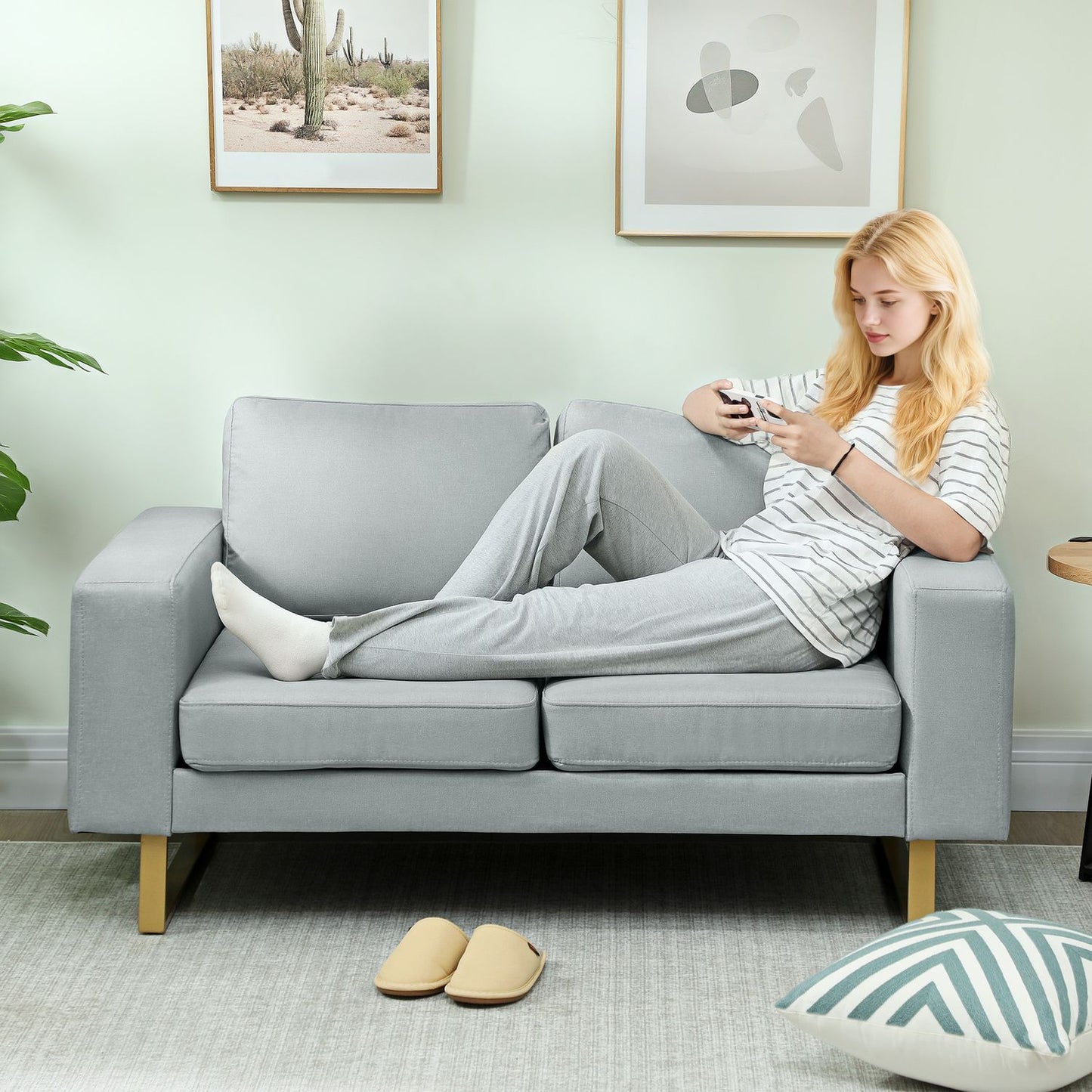 2-Seater Sofa, Light Grey, Solid Wood Frame, Metal Legs