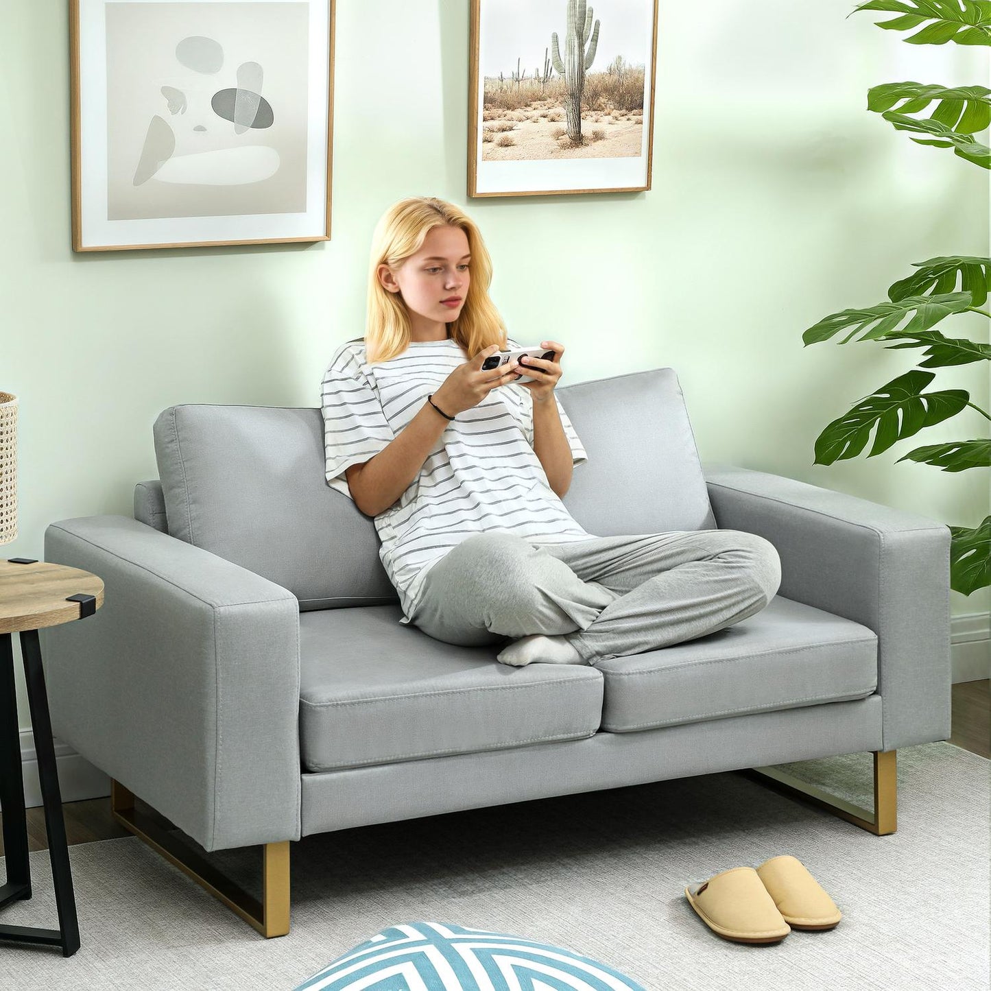 2-Seater Sofa, Light Grey, Solid Wood Frame, Metal Legs