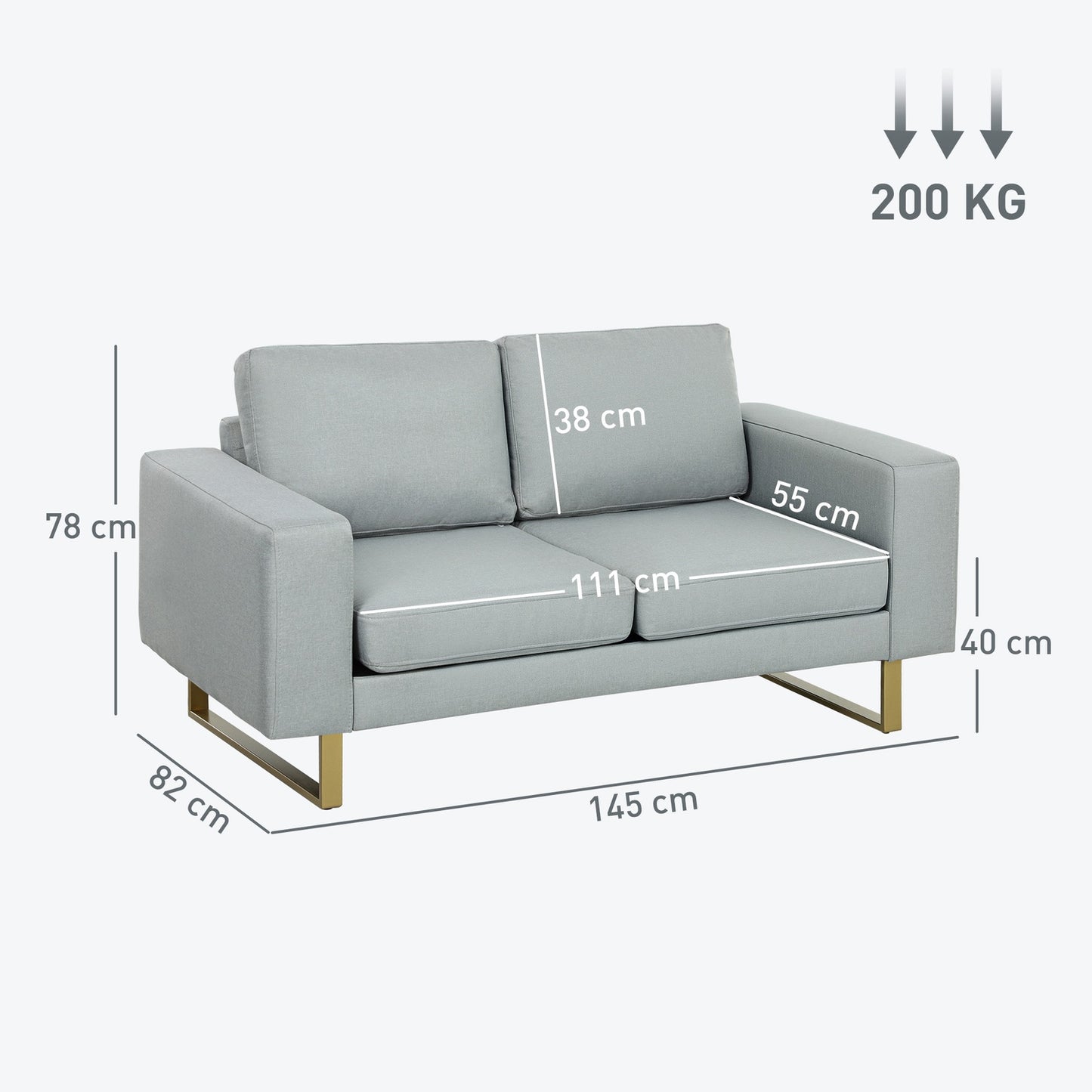 2-Seater Sofa, Light Grey, Solid Wood Frame, Metal Legs