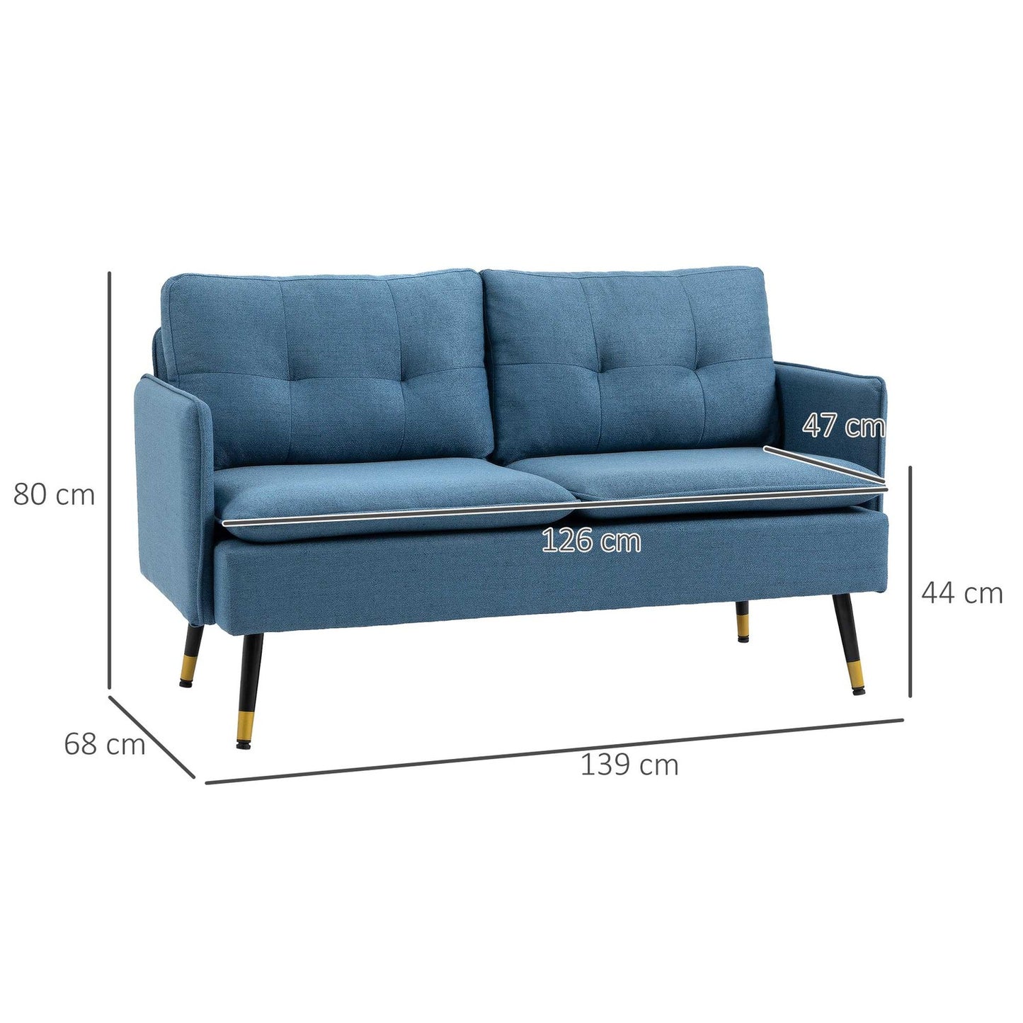 Modern dark blue 2-seater sofa with thick cushions