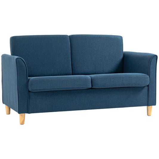 2-seater blue linen sofa with wooden legs, padded upholstery
