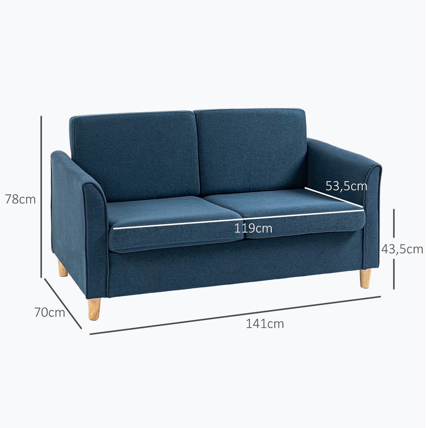 2-seater blue linen sofa with wooden legs, padded upholstery