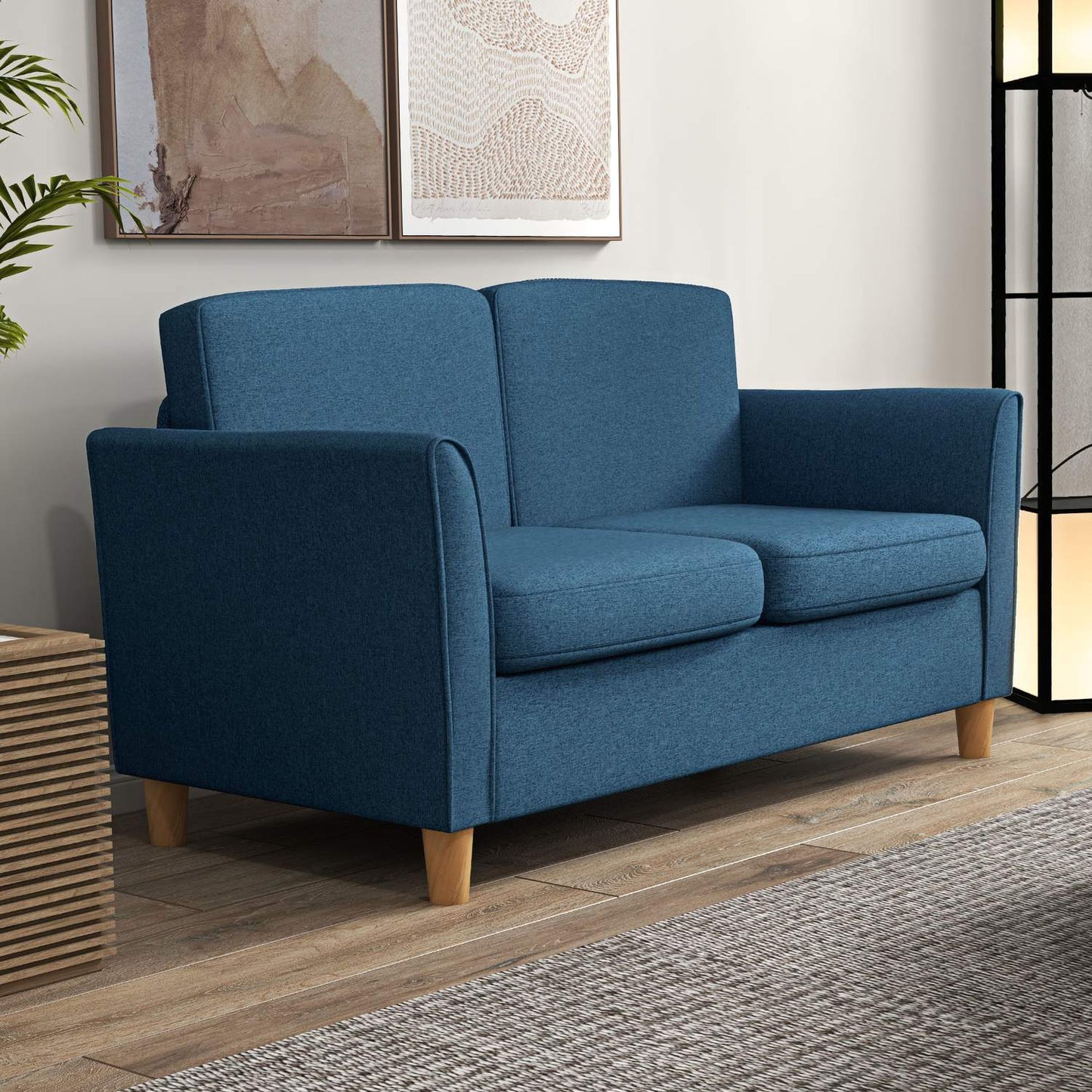 2-seater blue linen sofa with wooden legs, padded upholstery