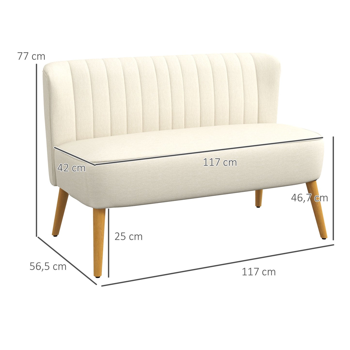 Cream white 2-seater sofa with wooden legs, linen look