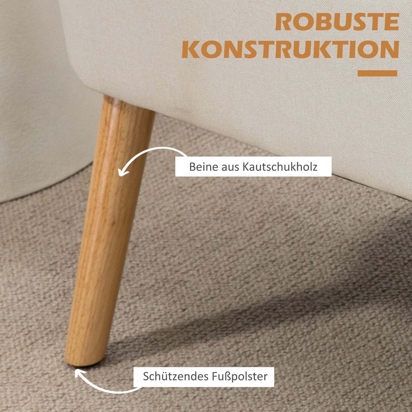 Cream white 2-seater sofa with wooden legs, linen look
