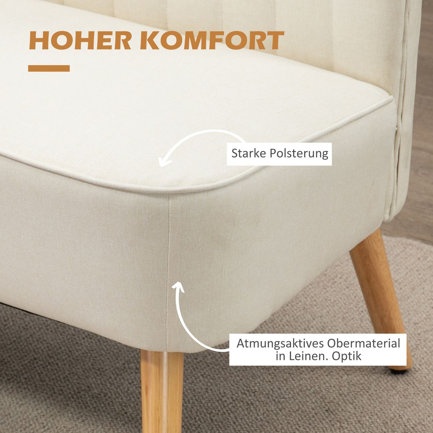 Cream white 2-seater sofa with wooden legs, linen look