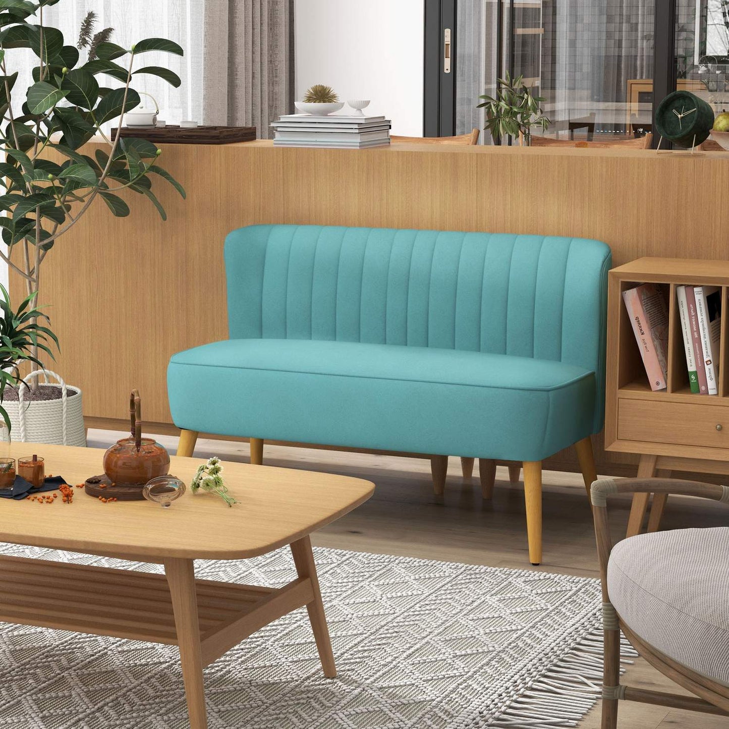 Green Linen-Look Loveseat sofa, 2-seater with wooden legs