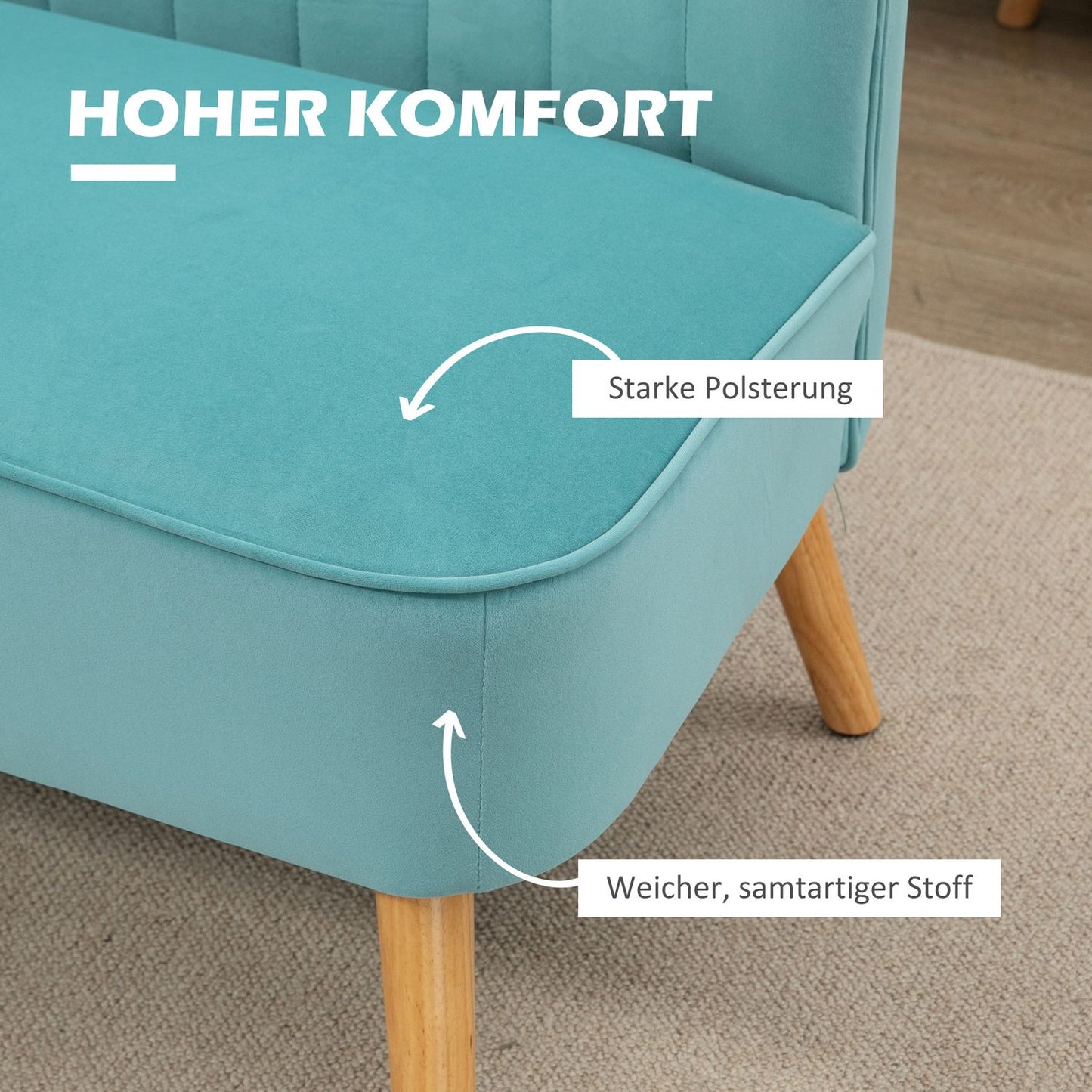 Green Linen-Look Loveseat sofa, 2-seater with wooden legs