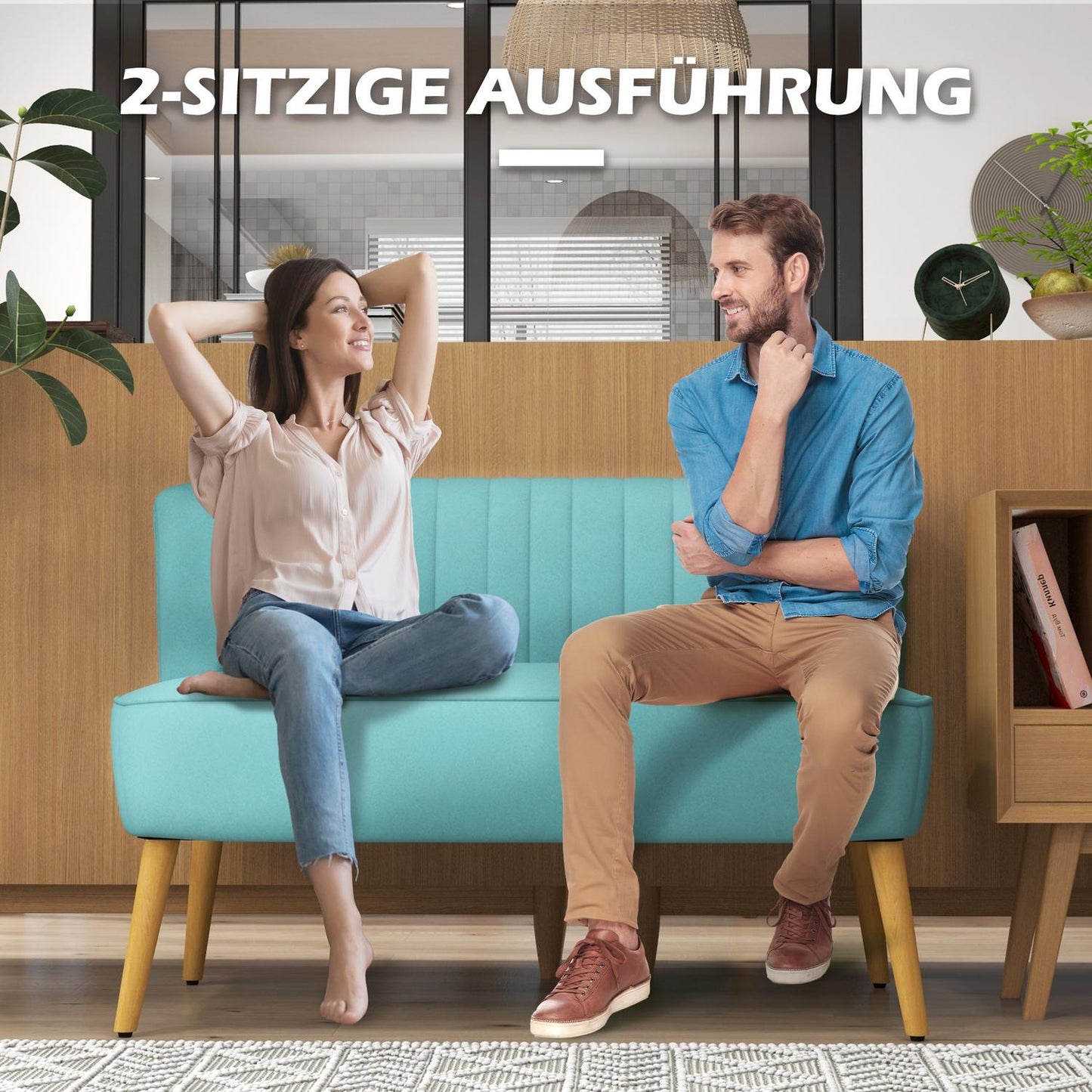 Green Linen-Look Loveseat sofa, 2-seater with wooden legs