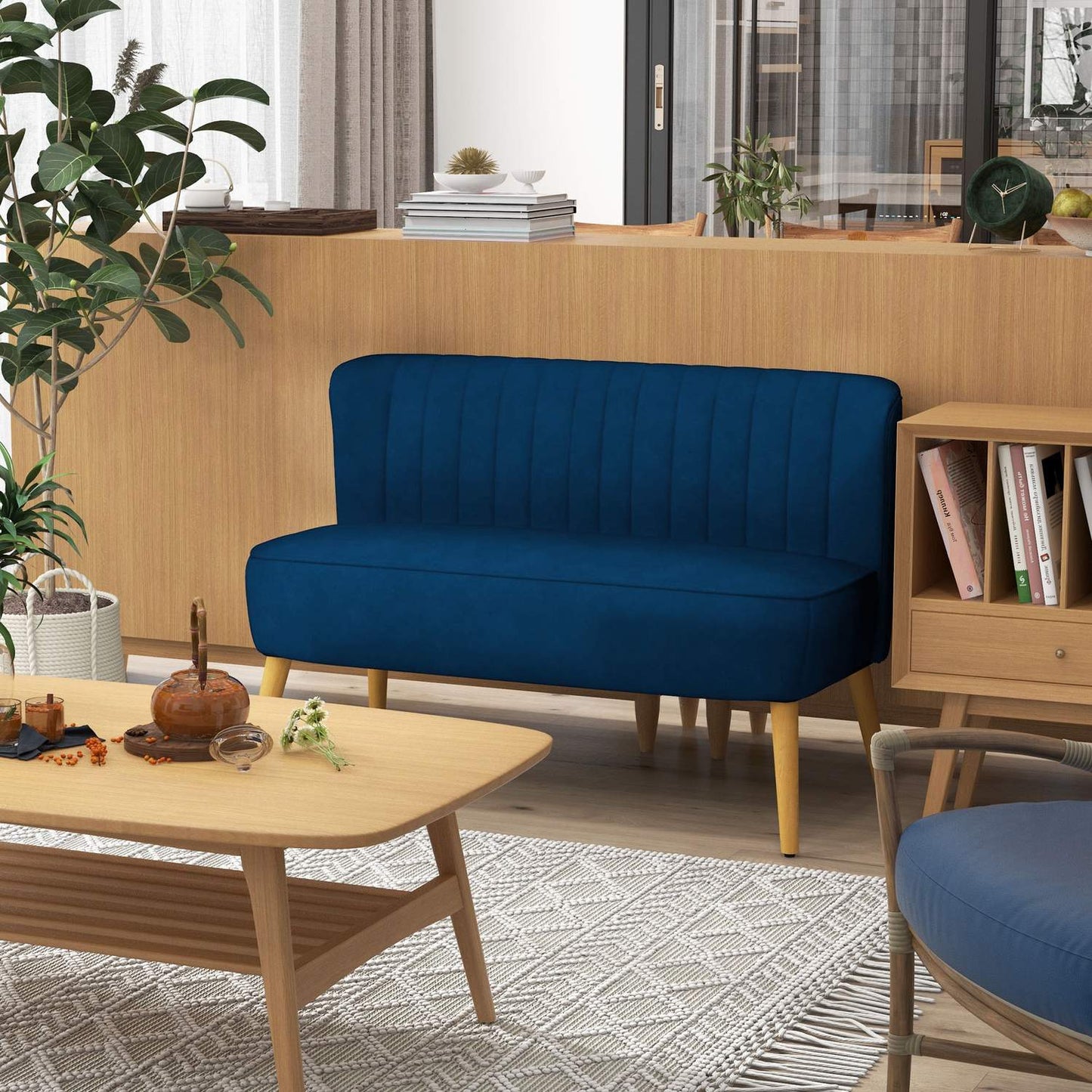 Sky blue Loveseat sofa with wooden legs - linen look