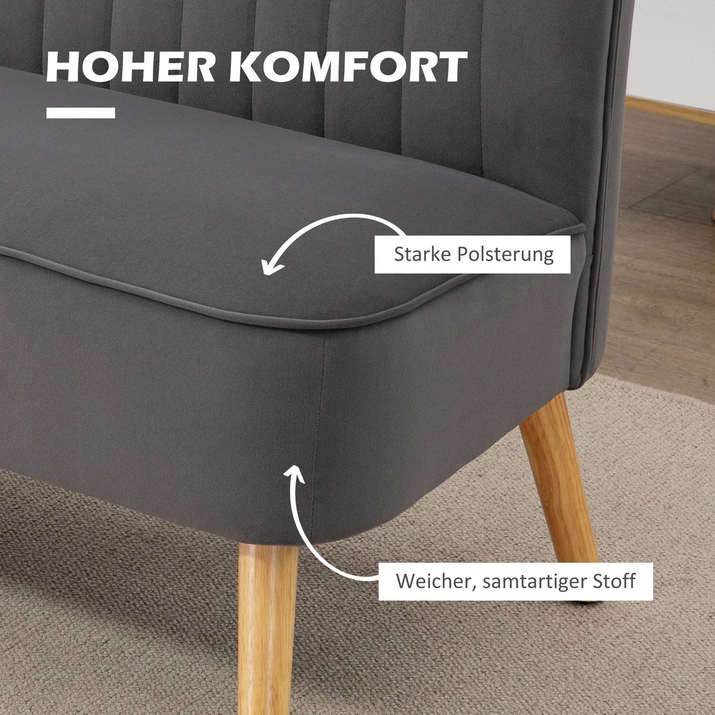 Dark gray Linen-Look Loveseat, wooden legs, 2-seater