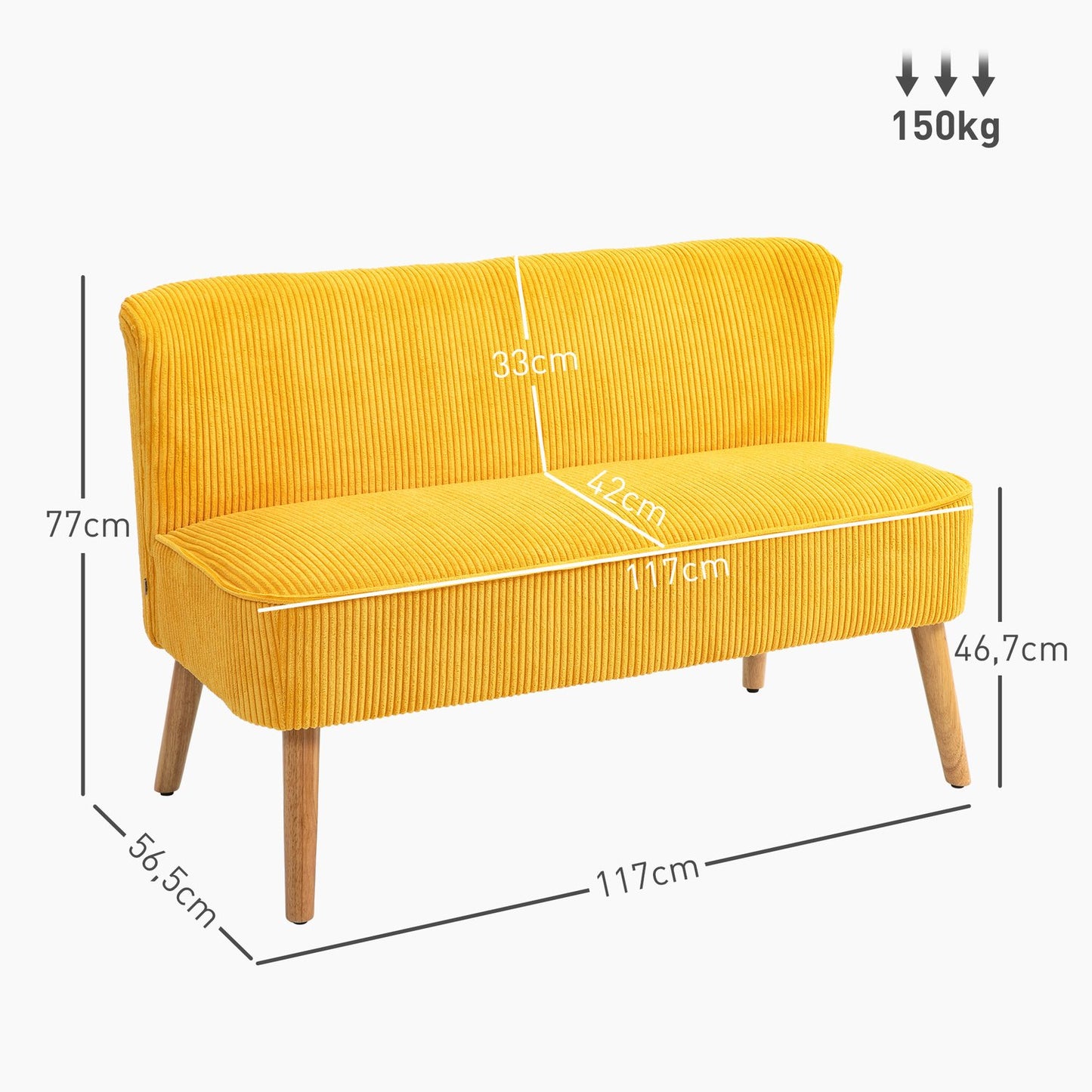 2-seat upholstered sofa, yellow, 117x56.5x77 cm