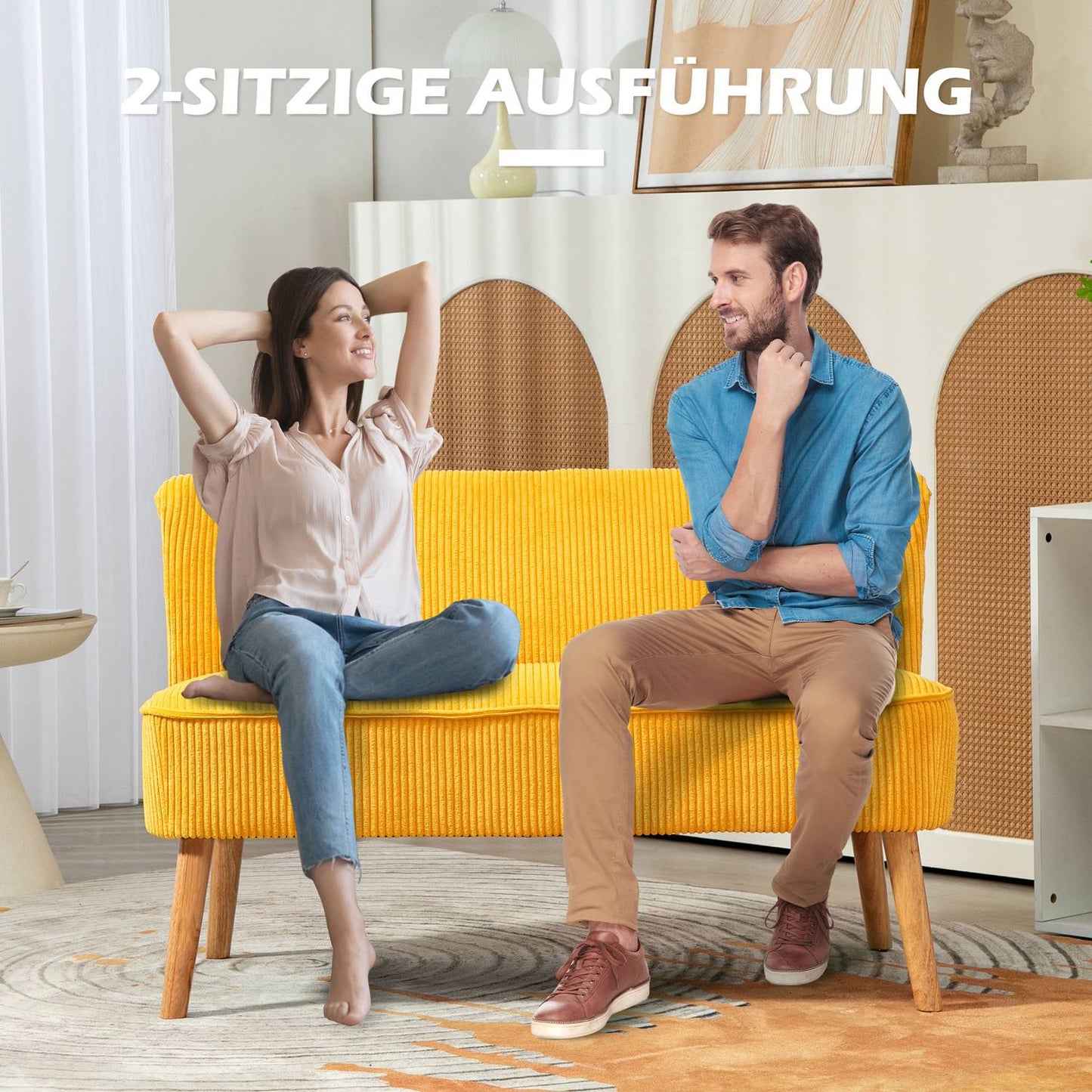 2-seat upholstered sofa, yellow, 117x56.5x77 cm