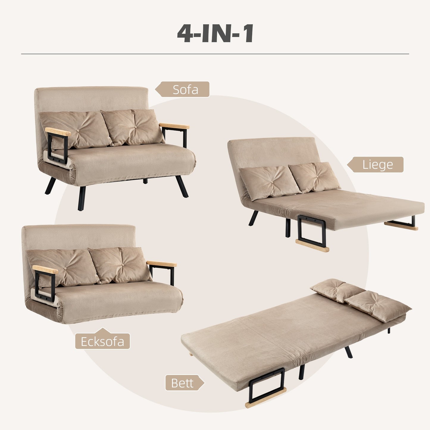 2-seater velvet sofa bed, adjustable backrest, light brown