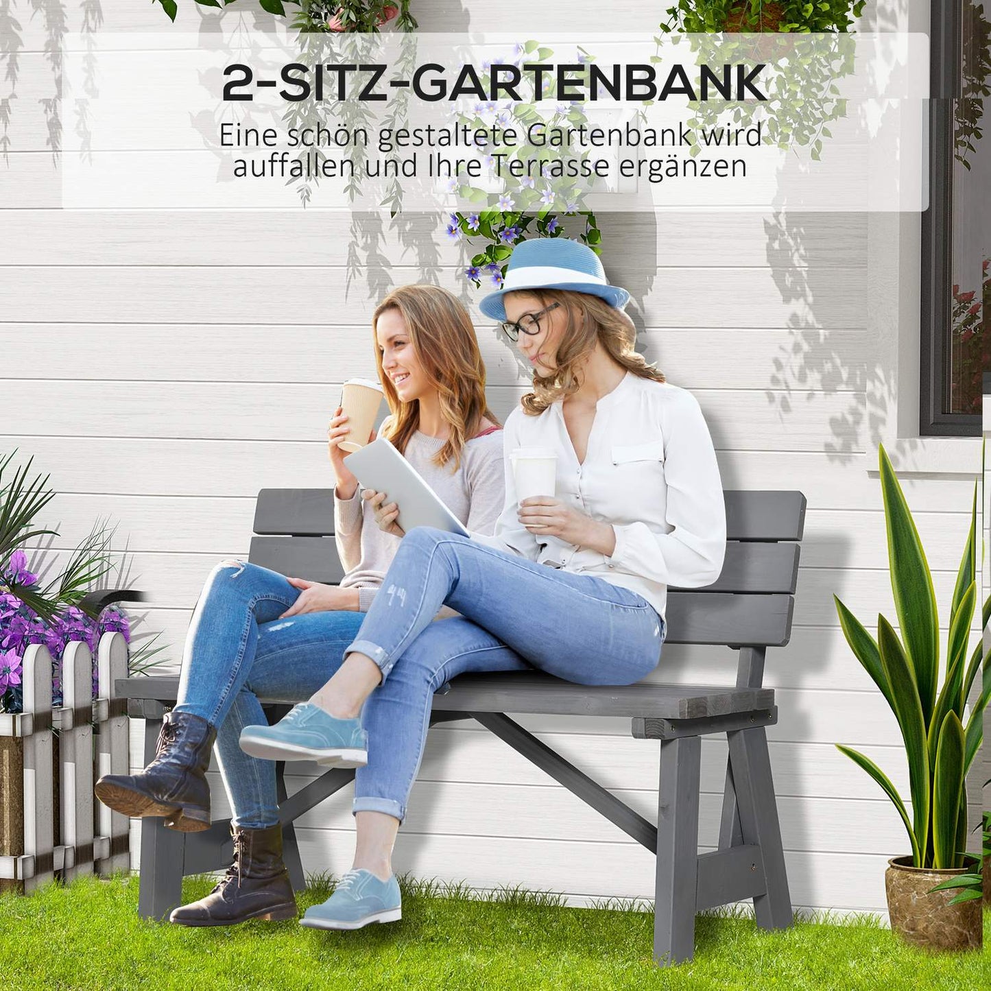 2-seater weatherproof wooden garden bench with backrest