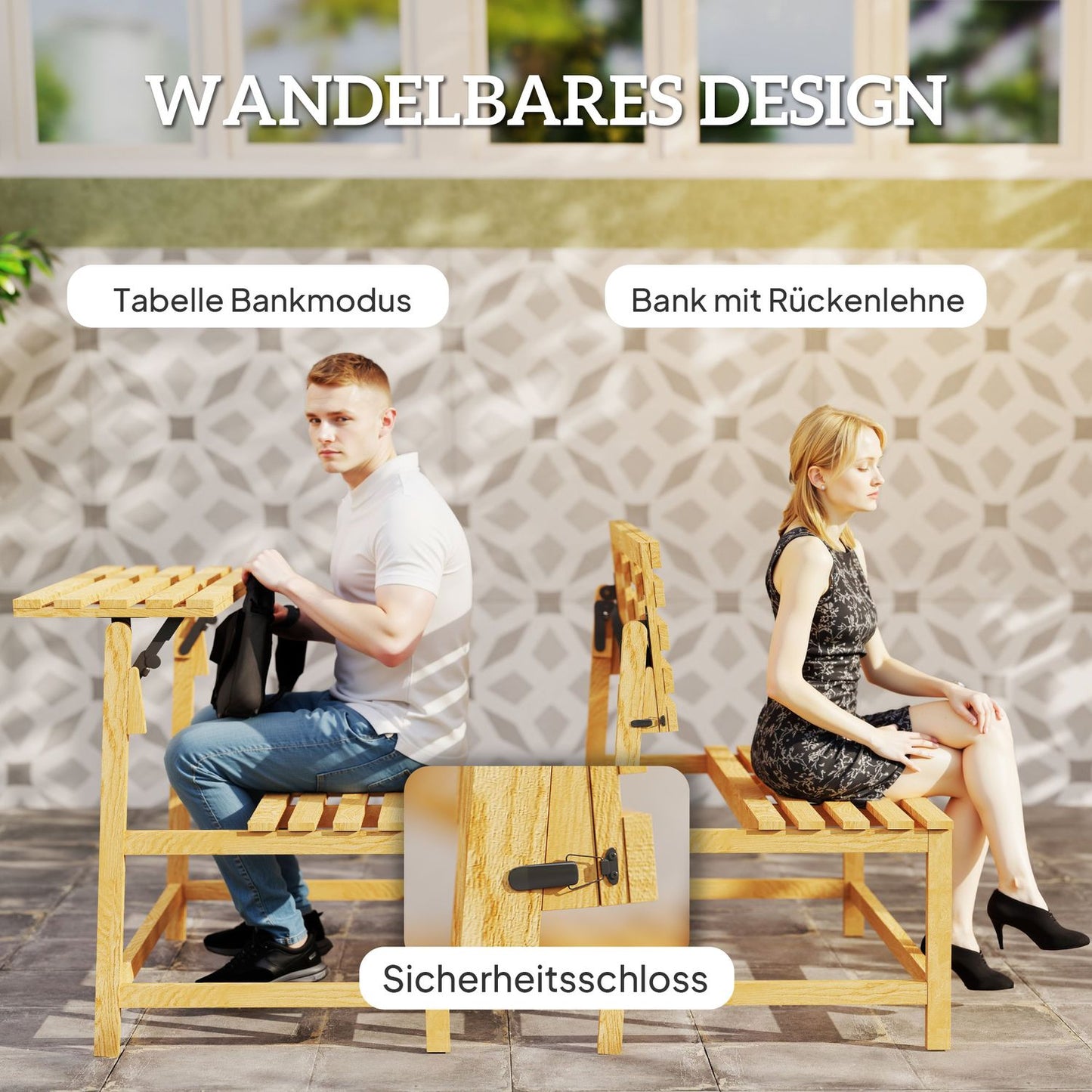 Garden bench in 2-seater teak with convertible backrest