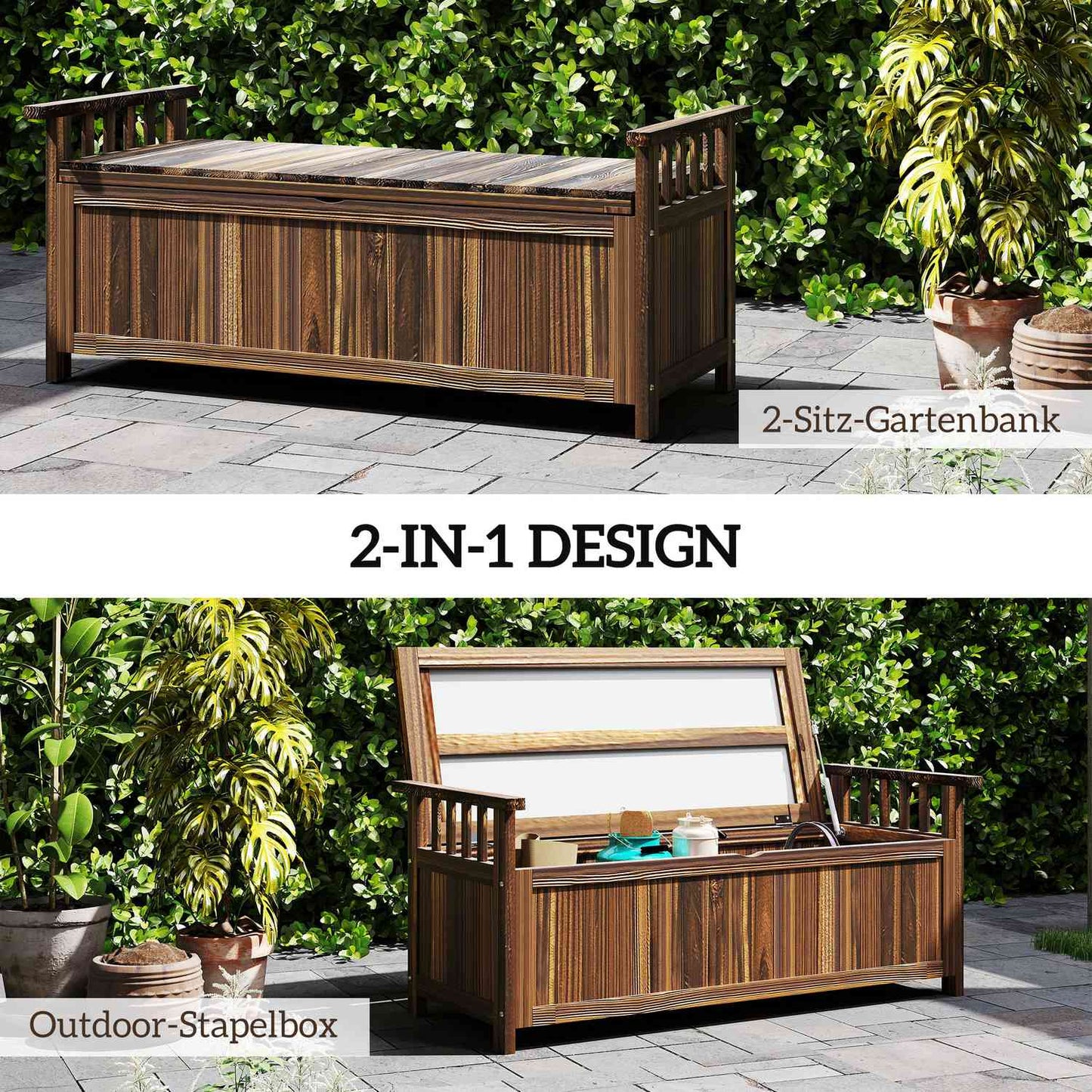 2-seater weatherproof wooden garden bench with storage