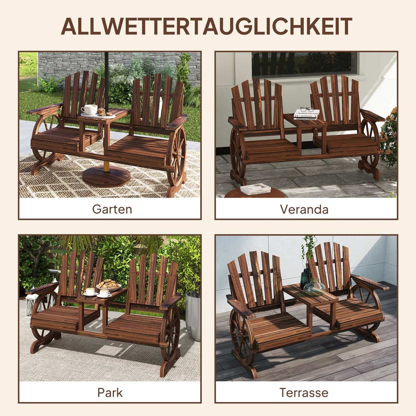 2-seater wooden garden bench with umbrella hole