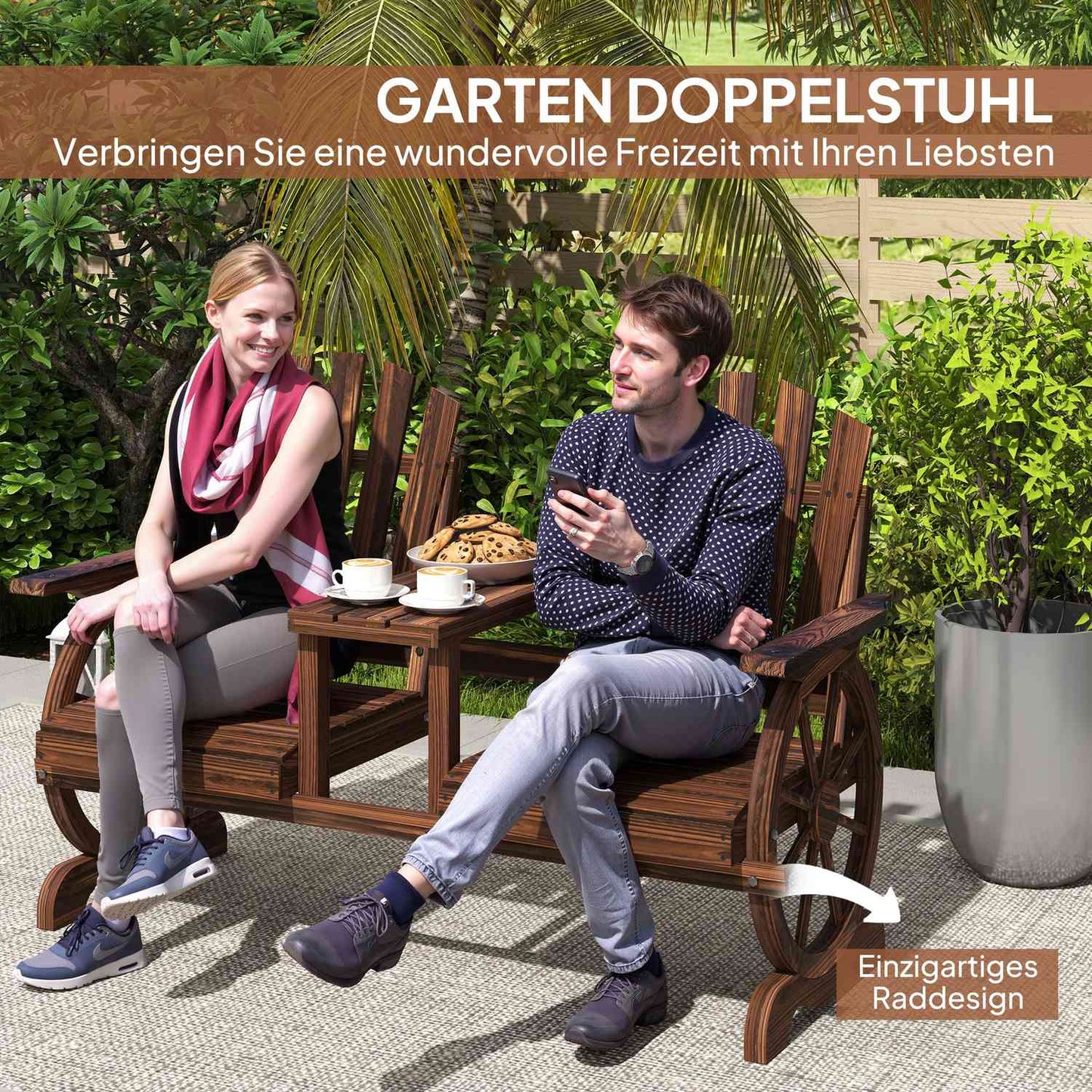 2-seater wooden garden bench with umbrella hole