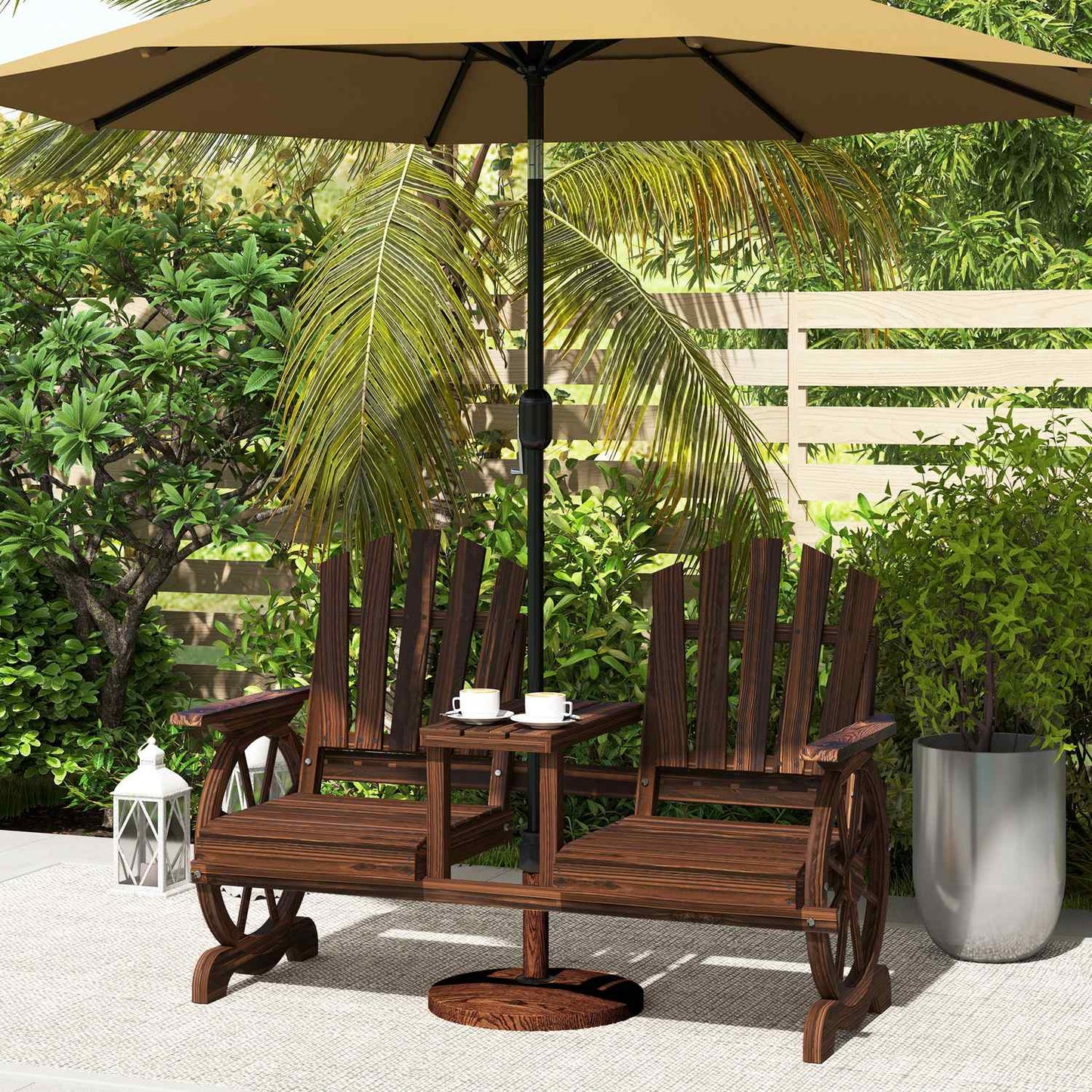 2-seater wooden garden bench with umbrella hole